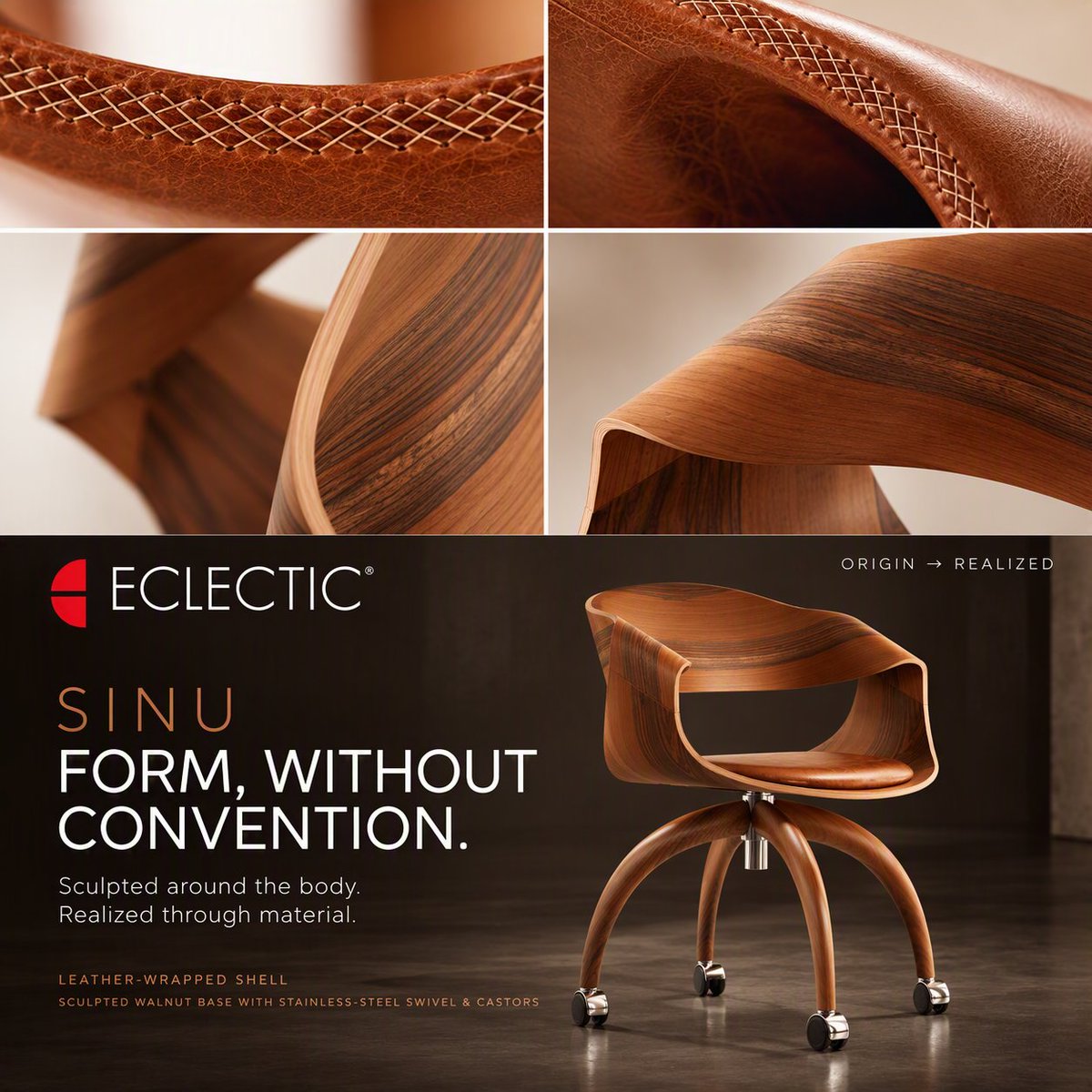 Eclecticfacts's tweet photo. LOOK AGAIN.
SINU has evolved.
Sculpted walnut.
Stainless-steel swivel & castors.
One continuous architectural gesture.
SINU | FORM, WITHOUT CONVENTION.
ORIGIN → REALIZED
#ECLECTIC #SINU #OriginRealized #ArchitecturalDesign #ContractFurniture #HospitalityDesign #FurnitureDesign #WalnutFurniture #SwivelChair #DesignDetails