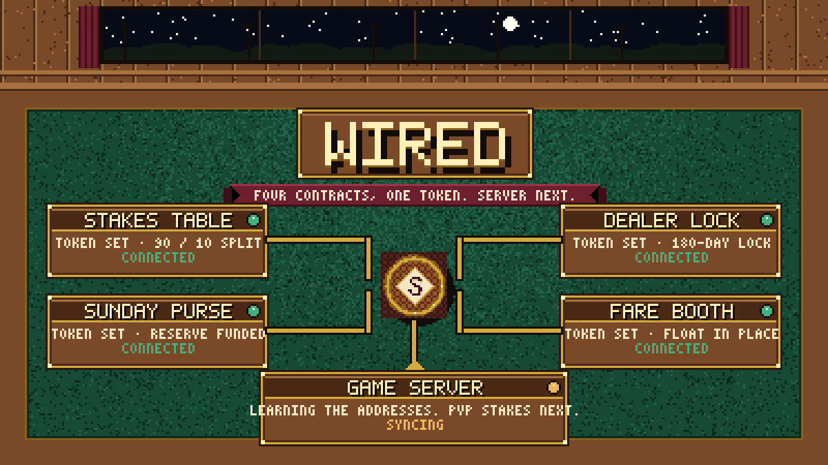 frieddev_earl's tweet photo. Update: $SHARP is wired into every game contract.

The stakes table, the Sunday purse, the dealer lock and the Fare booth all point at the token now. The reserve is funded, the dev share is locked for 180 days, the booth has its float — every one of those is a transaction you can read on Blockscout, and I'll link them in the pinned post.

What's left is on my side of the wall: the game server has to learn the same addresses and start listening to the chain for opened tables. That's the piece that turns PvP stakes on. I'm in the database now, then a restart.

Solo play is already open — ride The Line, earn Fare, it all counts. Stakes and cash-out light up the moment the server comes back. I'll post the first settled table here.