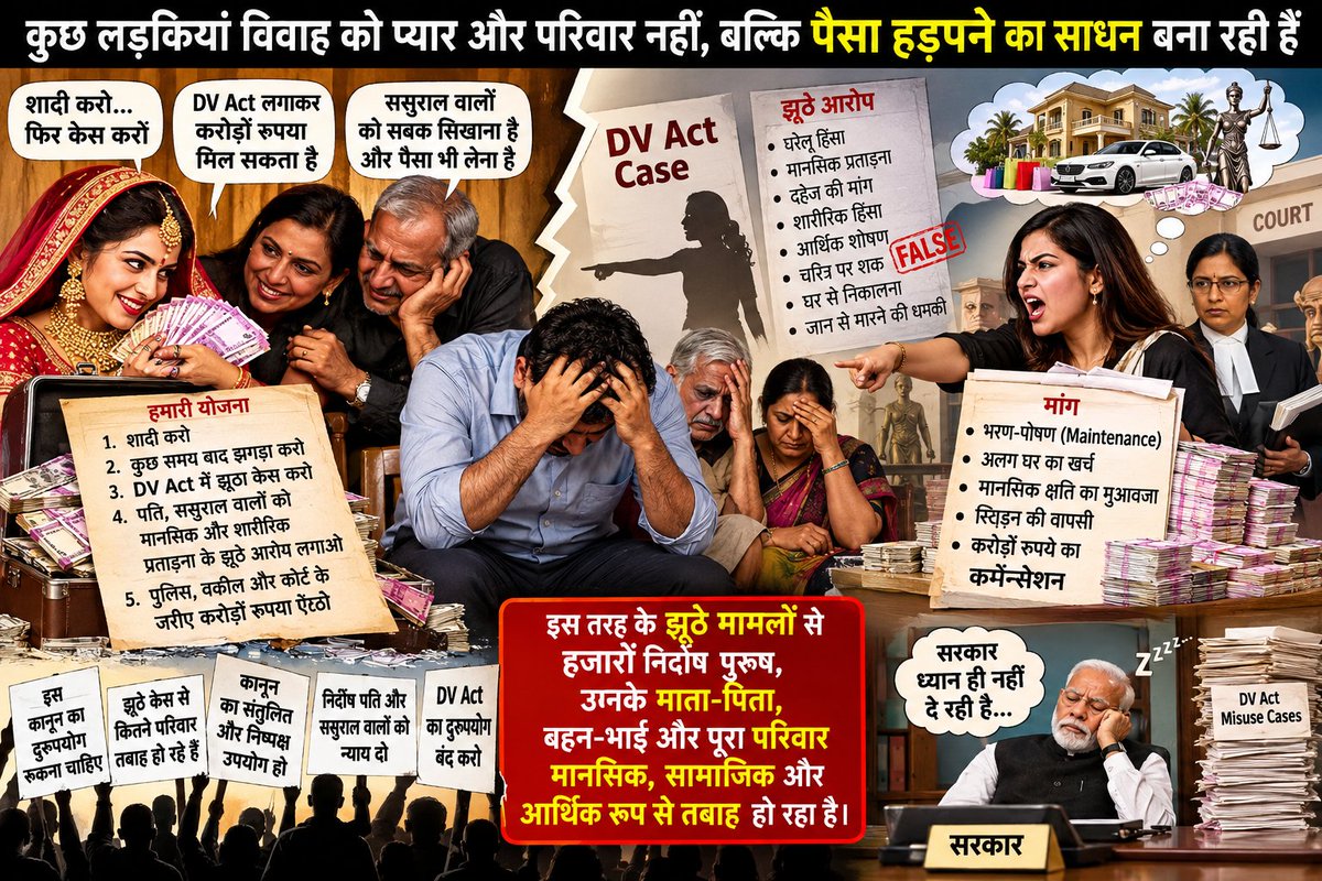 padmesh475952's tweet photo. प्रधानमंत्री जी , आप भारत को विकसित राष्ट्र बनाना चाहते हैं , तीसरी बड़ी अर्थव्यवस्था बनाना चाहते हैं । बहुत ही सराहनीय सोच है आपकी ।पर क्या आप देख पा रहे हैं कि देश में महिला सुरक्षा के नाम पर बनी DV Act परिवार नामक संस्था को ही खत्म कर रही है । आज जो 100 केस DV Act में दर्ज हो रहे हैं उनमें 90% से ज्यादा झूठे आरोप लगा कर पैसा हड़पने के लिए हो रहे हैं । आज लड़कियां विवाह सिर्फ इस लिए कर रही हैं कि कुछ दिनों बाद अलग हो कर लाखों रुपये वसूल करना है और उसके बाद उस पैसे से बिंदास जीवन जीना है , पैसा बनाने का सबसे आसान रास्ता है विवाह करो और कुछ दिनों बाद DV Act लगा कर पति और ससुराल के लोगों को इतना परेशान कर दो कि वे मजबूर हो जाएं उसकी मनमानी शर्त पर विवाद समाप्त करने पर , और दो तीन महीने के विवाहित जीवन से मुक्ति और लाखों रुपए हासिल कर मौज मस्ती । पुरुष या लड़का और उसका परिवार कितना सफर कर रहा है इसकी ना कोर्ट को परवाह है ना सरकार को , आखिर लड़के जाएं तो जाएं कहां। महिलाओं के वोट के लिए कोई भी इस तरफ ध्यान नहीं दे रहा , ऐसा तो हो नहीं सकता है प्रधानमंत्री @narendramodi जी आपको इस सच्चाई का ज्ञान नहीं होगा पर आप जैसे नेता भी आंख मूंदे हुए हैं । जब परिवार और भारतीय संस्कार ही नहीं बचेगा तो विकसित भारत किस काम का होगा और किसके लिए बनाना चाहते हैं आप । 
#JantaraMantar #KorfballPremierLeagueFinals
#DelhiProtest
#Hunkkaar
#YouthIconSudhindra
#BharatSetsNewRecords
#Parivarwadke34saal
#VHRPDharmSansad
#शास्त्रार्थ_का_शंखनाद_क़िस्त2
#Dangawadke34saal