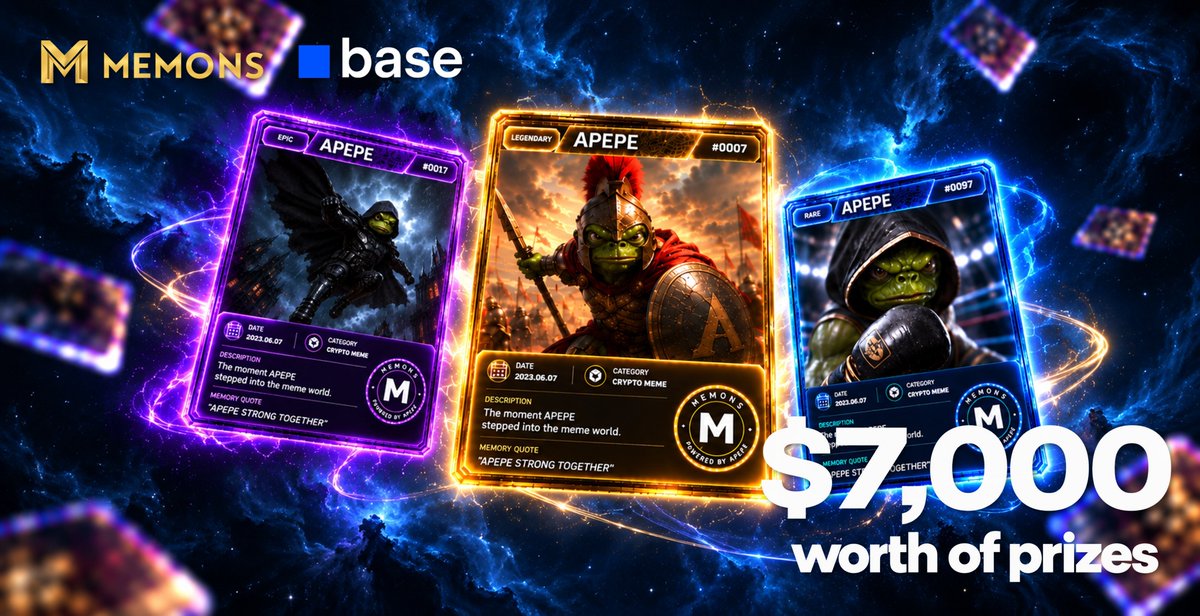 MemeForge07's tweet photo. 🎨 MEMONS CREATIVE CONTEST 🎬

MEMONS has officially surpassed 100K User Operations on Base! Let’s celebrate together! 🔵✨

Create an image or video featuring the MEMONS logo, card characters, and Base, and show us your creativity!

📚 MEMONS Reference Images:
https://t.co/fYeqLgR2dt…

📝 How to Participate
① Like this post
② Create an image or video and Quote this announcement with your work attached
③ Make sure to include @apepeofficial , @base , and #MEMONSContest in your Quote post

🏆 Rewards — $7,000 Total Prize Pool
🥇 1st Place: Guaranteed MYTHIC Card Capsule
🥈 2nd–3rd Place: Guaranteed LEGENDARY Card Capsule
🏅 Creative Awards (20 Winners): Guaranteed EPIC Card Capsule
🎁 50 Random Participants: 10 Standard Capsules each

⏰ Contest Period: October 2 – October 12, 2026

#MEMONS #Base #APEPE