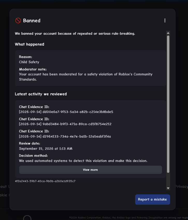 LexaFurukawa's tweet photo. Alr they just changed my ban reason from Harmful content/behaviour to child safety. the fuck is this man @Roblox @RobloxCreators @DavidBaszucki please fix your AI moderation! its been weeks.. https://t.co/7XI0tss98i