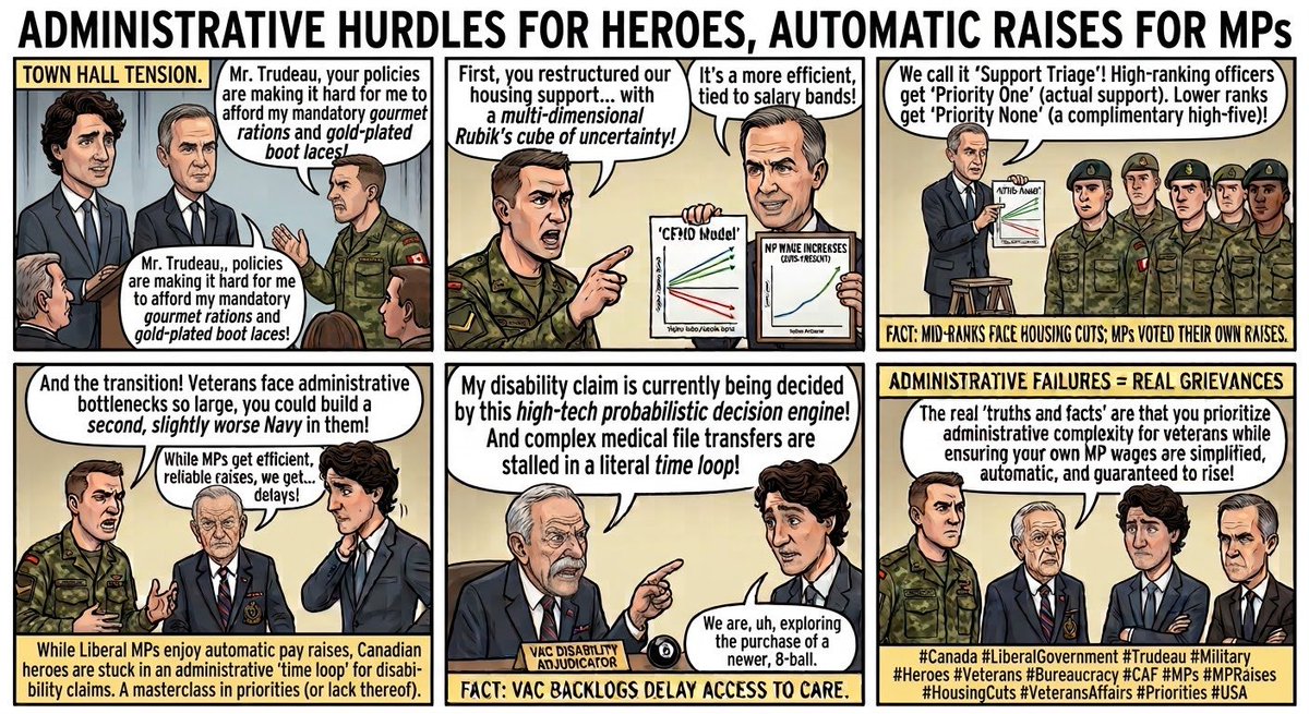 DSki5257's tweet photo. While Liberal MPs enjoy automatic pay raises, Canadian heroes are stuck in an administrative 'time loop' for disability claims. A masterclass in priorities (or lack thereof).
#Canada #LiberalGovernment #Trudeau #Military #Heroes #Veterans #Bureaucracy #CAF #MPs #MPRaises #HousingCuts #VeteransAffairs #Priorities #USA