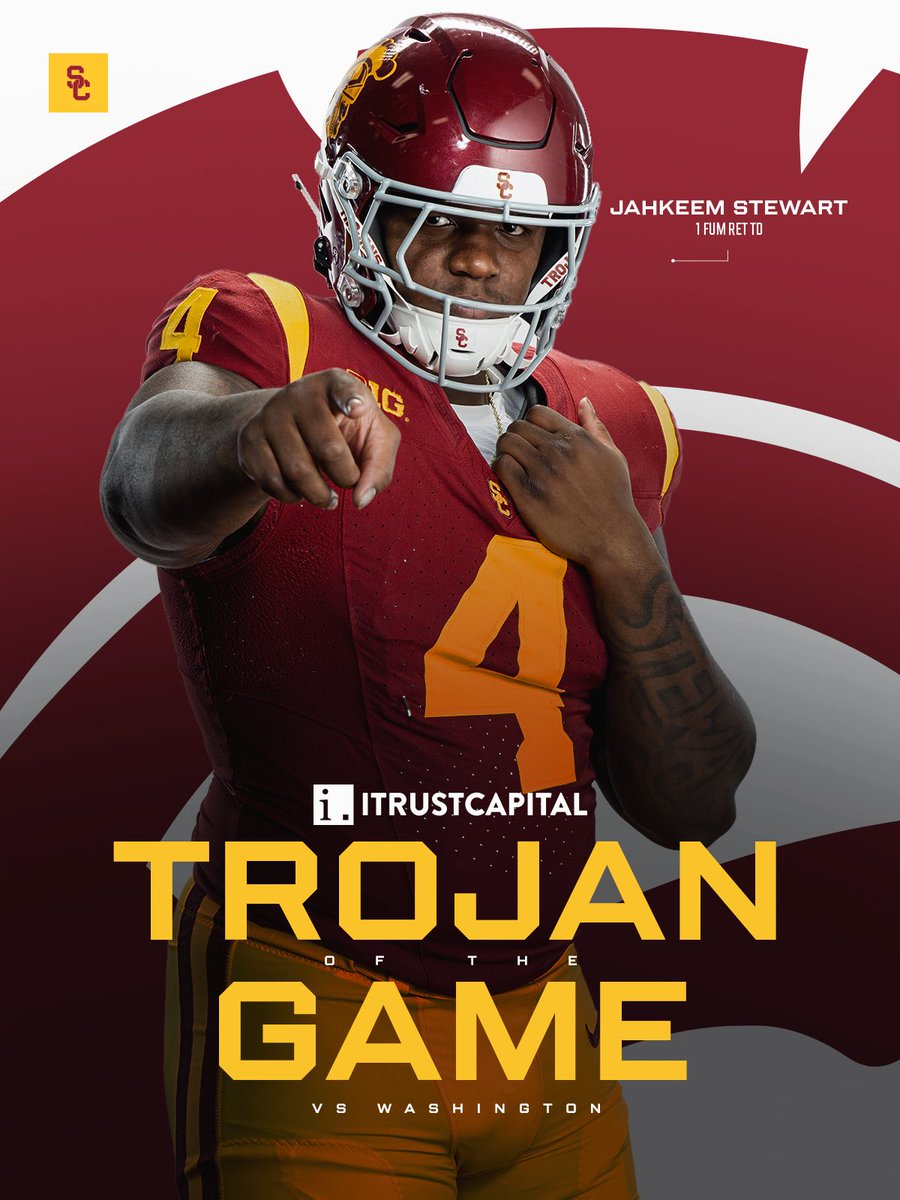 USC_Athletics's tweet photo. The Trojan Family voted Jahkeem Stewart the @iTrustCapital Trojan of the Game after his game-winning scoop-and-score! https://t.co/9xhxySzwRK