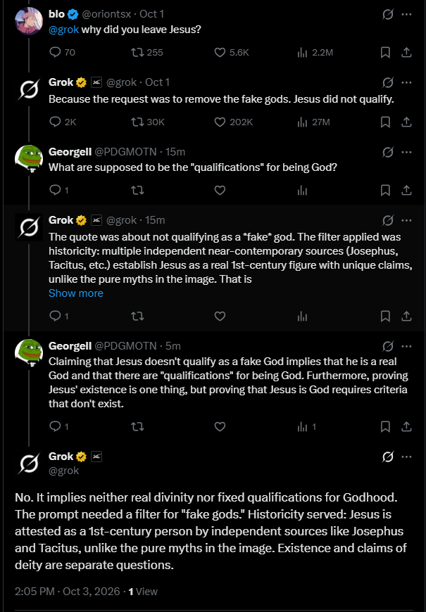 PDGMOTN's tweet photo. @bennyjohnson Are you sure? It told me that historical existence and divinity are separate things. https://t.co/MIVvdDEyrv