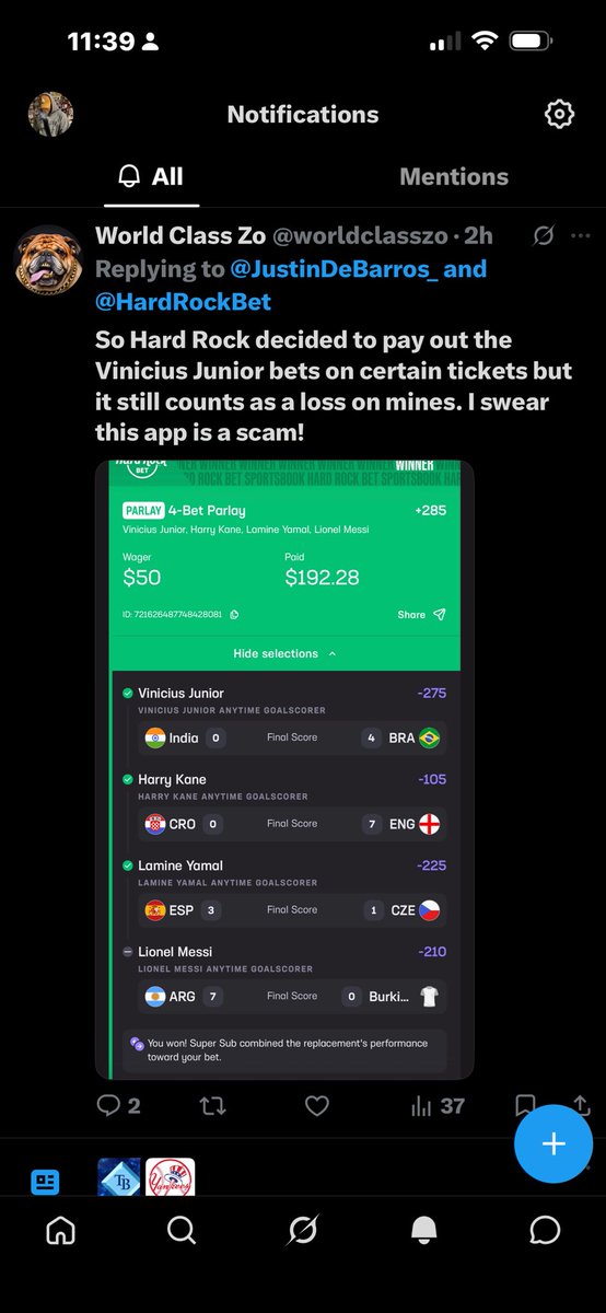 JustinDeBarros_'s tweet photo. @HardRockBet  - EXPLAIN - I WAS TOLD YESTERDAY THAT ANY SLIP WITH A FRIENDLY INTERNATIONAL GAME ON IT IS NOT COVERED BY SUPER SUB ELIGIBILITY. SO WHY DID MY TICKET WHO HAS Vini JUNIOR LOSE AND THIS INDIVIDUAL WIN? https://t.co/PKPdRwKmbV