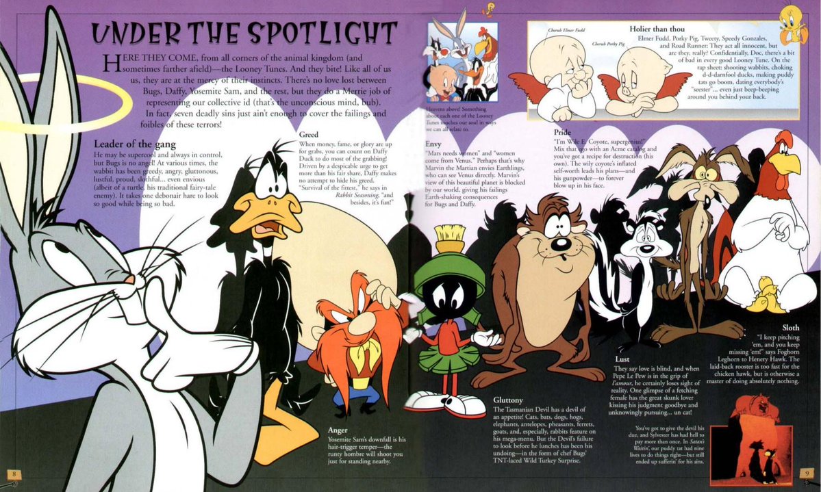 Silv__Silv's tweet photo. Vi un tweet por ahí encasillando a los Looney Tunes en diferentes pecados capitales así que decidí que es momento de compartir que hay un libro oficial que los clasifica jsjs https://t.co/HEzpANhofd