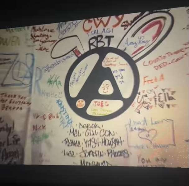 StreetsSoldado's tweet photo. Can I technically say my name made it into the movie because of this shot of the vip wall in Dallas where @dereklp wrote all of the mods names? 🥹 #linkinpark https://t.co/cFmIiFzvhb