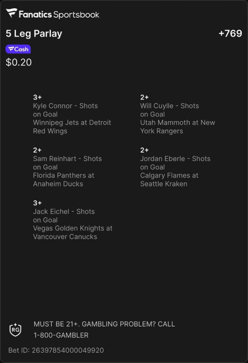 Davisparlay's tweet photo. 🔥 5-LEG NHL SOG PARLAY 🔥
🏒 Kyle Connor — 3+ Shots on Goal
🏒 Will Cuylle — 2+ Shots on Goal
🏒 Sam Reinhart — 2+ Shots on Goal
🏒 Jordan Eberle — 2+ Shots on Goal
🏒 Jack Eichel — 3+ Shots on Goal
📈 Odds: +769
💵 Stake: $0.20
#NHL #NHLPicks #SOG #HockeyPicks #Parlay #SportsBetting #BettingPicks #NHLBetting #DavisParlay