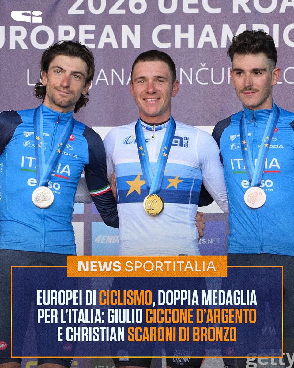 tvdellosport's tweet photo. Europei di #Ciclismo, doppia medaglia per l’Italia: Giulio #Ciccone d’argento e Christian #Scaroni di bronzo🥈🥉

Remco Evenepol si è aggiudicato l’Europeo in Slovenia: da Lubiana a Sencur. https://t.co/NIHToEaAJF