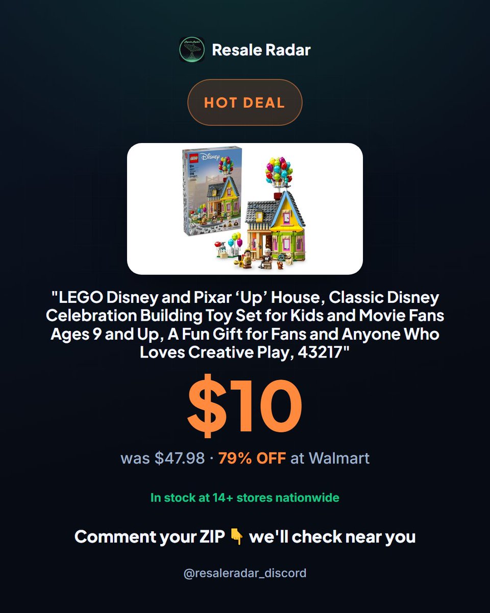ResaleRadar8's tweet photo. $10 for LEGO Up House at Walmart. Was $47.98. 79% off. 14+ stores stocked. Move fast. #LEGOClearance #DealsAlert

Check Walmart today. Link in bio. #clearance #deals https://t.co/JjmA8T9tlh