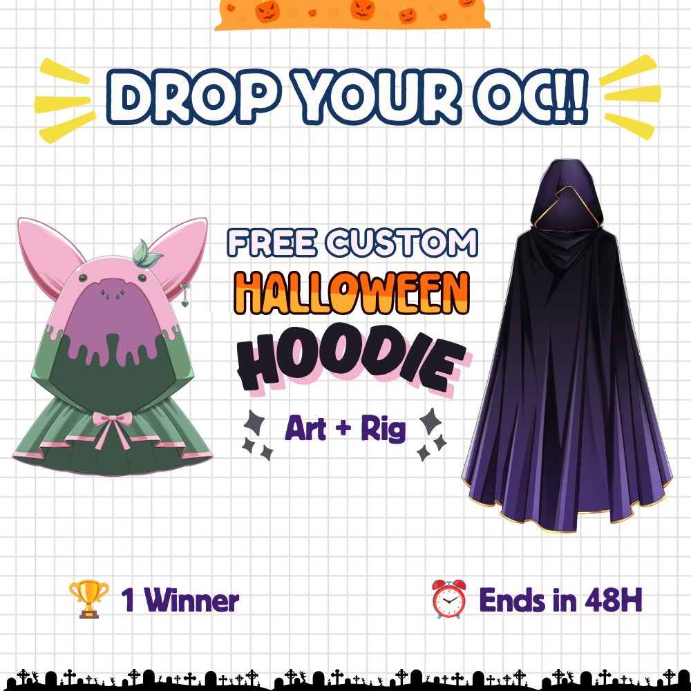 SunSunnyRise's tweet photo. 🎃 DROP YOUR OC!! 🎃

Show Me your OC!! I wanna draw them in a cute Halloween hoodie hehe~

I'm choosing 1 OC to receive a FREE custom Halloween Hoodie (Art + Rig) ♡

↻ + ♡ appreciated!!
#VTuber #VTuberAssets https://t.co/2sFqnK9sqU