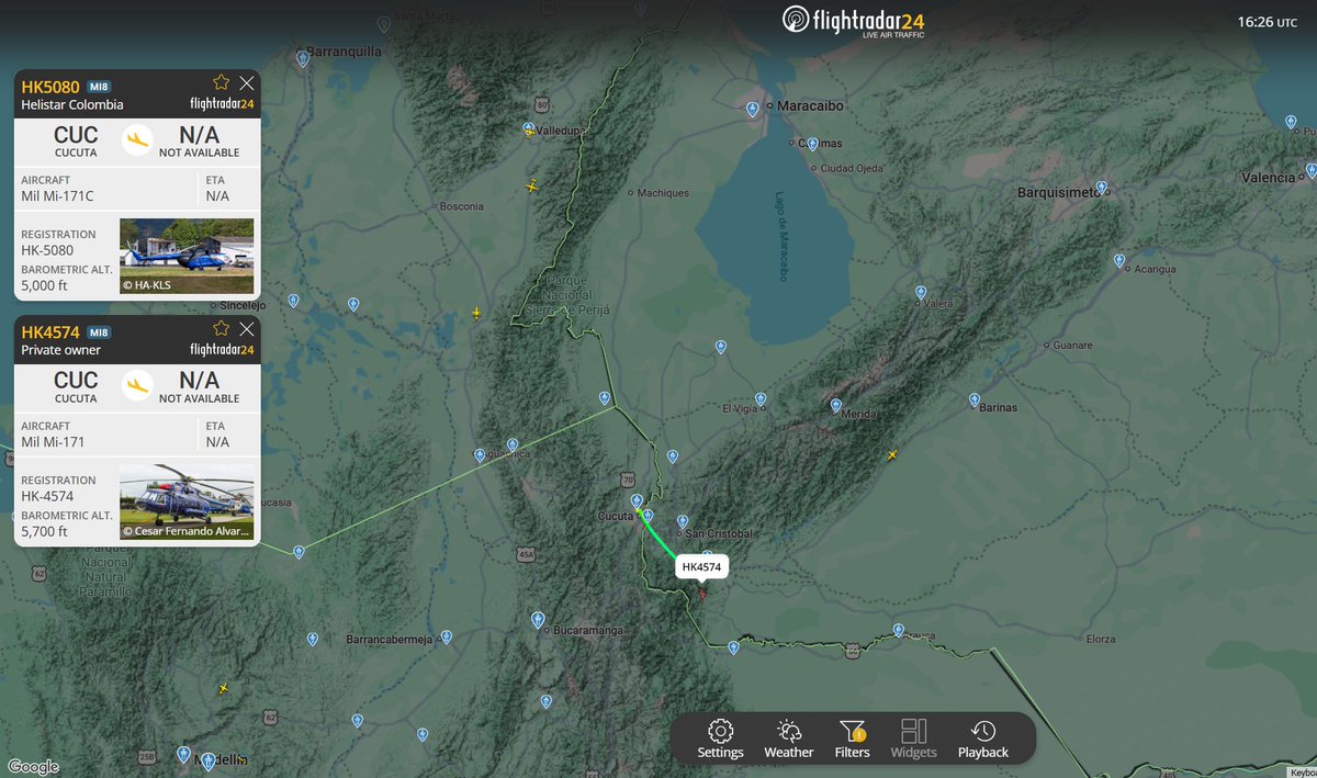 Flightwatcher1's tweet photo. Helistar Mil Mi-171
Matriculas: HK-5080 y HK-4574
Hex: #0acb01 y #0acaa9
Desde Cucuta🇨🇴 ahora mismo al sur de Santo Domingo🇻🇪, parece que solo están de paso y volverán a ingresar a Colombia.
#Venezuela #Colombia https://t.co/WNtUaO8vwn
