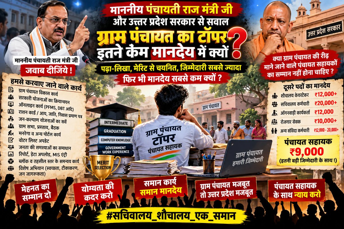 AvineshKumrabpk's tweet photo. मेरिट से आए, जिम्मेदारी निभाए,
फिर भी ₹9,000 में क्यों सिमट जाए?

पढ़ाई का मान हो, मेहनत का सम्मान हो,
पंचायत सहायकों के मानदेय में न्याय हो।

माननीय मंत्री जी, जवाब तो बनता है! ✊

#सचिवालय_शौचालय_एक_समान https://t.co/Ij6LGVUO9K
