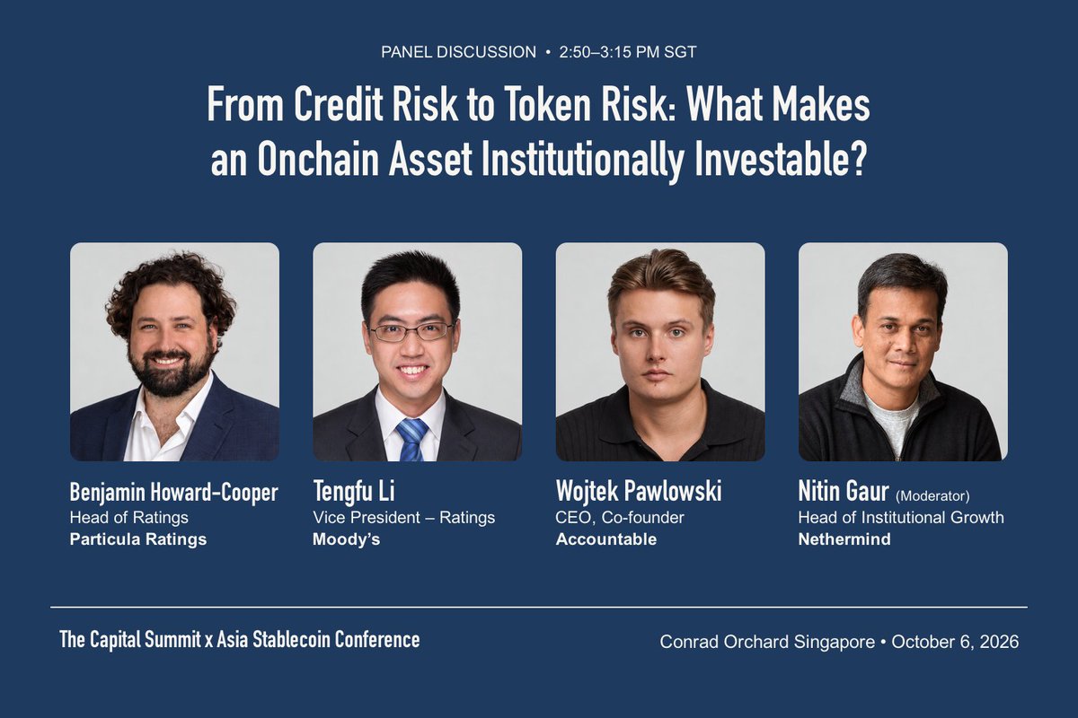 CapSummitGlobal's tweet photo. Two onchain assets carry similar letter grades. What should an investor check before treating them as comparable?

🗓 𝗧𝘂𝗲 𝟲 𝗢𝗰𝘁 · 𝟭𝟰:𝟱𝟬 𝗦𝗚𝗧
📍 Conrad Singapore Orchard

Panel: From Credit Risk to Token Risk: What Makes an Onchain Asset Institutionally Investable?

Moderator
Nitin Gaur (@nitingaur), Head of Institutional Growth, @Nethermind

Panelists
Benjamin Howard-Cooper, Head of Ratings, Particula Ratings (@particula_io)
Tengfu Li, Vice President – Ratings, @Moodys
Wojtek Pawlowski (@WojtekP), CEO and Co-founder, @AccountableData

A credit rating agency, a token ratings firm and a verification platform separate a credit opinion, a token risk assessment and verification of reported data, and close with the one control an investment committee should require before approving an onchain asset.

Organised with @AsiaStablecoin and co-hosted by @FourPillarsFP and @LayerZero_Core during TOKEN2049 Week, the day before @token2049 opens.

Register for the main conference (12:00–18:00): https://t.co/PL0Rqw5ePi
https://t.co/MgFsedwyjf

#RWA #TOKEN2049