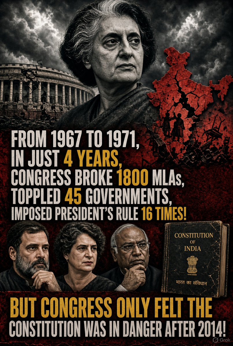 TheRudra1008's tweet photo. From 1967 to 1971, in just four years, Congress broke 1,800 MLAs, toppled 45 governments, and imposed President’s Rule 16 times — but Congress only felt the construction was in danger after 2014 !! https://t.co/iJYq4s8q7r