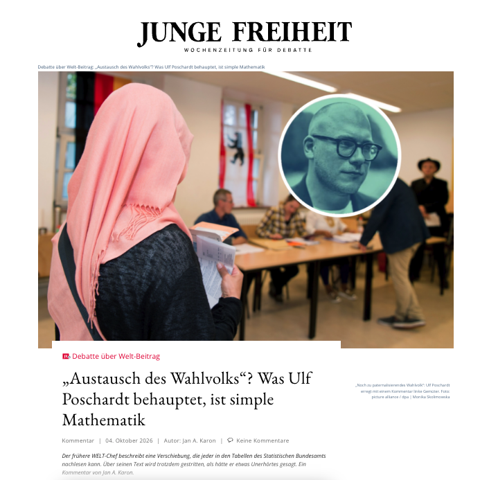 jannibal_'s tweet photo. Ulf Poschardt schreibt vom „Austausch des Wahlvolks“, und das halbe Netz ruft „Verschwörungstheorie!“ und ist sehr empört, weil er böse Worte nutzt, mimimi.

Dabei liegen die Fakten auf dem Tisch: Sechs Millionen Menschen sind netto zugewandert seit 2015. Deutsche Frauen kriegen 1,2 Kinder, ausländische 1,78 Es gibt 352.000 mehr Sterbefälle als Geburten, die Gesellschaft wird immer gerontokratischer. Zeitgleich wird eingebürgert in Rekordtempo: 333.343 neue Bürger im vergangenen Jahr, die meisten davon Syrer und Türken.

Und dann schaut man, wer wen wählt: 69 Prozent der Muslime in Frankreich stimmten für Mélenchon. Über 80 Prozent der britischen Muslime wählten 2019 Labour. 97 Prozent der New Yorker Muslime wählten Mamdani. In Berlin ist die Linke dort am stärksten, wo die meisten Einwanderer wohnen.

Einen geheimen Plan braucht es dafür nicht: Es geht um Grenzpolitik, Staatsbürgerschaftsrecht, Familienpolitik, die natürlich von Politikern durchgesetzt wurden. Wer da „Verschwörung“ ruft, weil das böse Austausch-Wort fällt, will vor allem nicht darüber reden, wohin sich dieses Land entwickelt hat und entwickeln wird. Poschardt hat, Entschuldigung, nur aufgeschrieben, was beim Statistischen Bundesamt steht.

Mein ganzer Text Text dazu jetzt bei @jungefreiheit: https://t.co/vINzaPhvBR