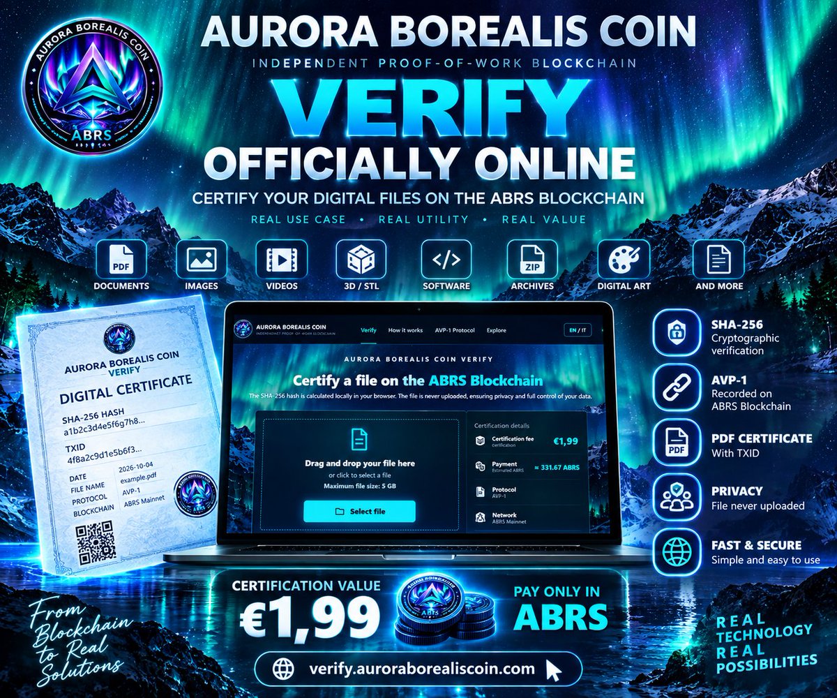 ABRSCoin's tweet photo. 🌌 ABRS VERIFY IS LIVE 🚀
Certify digital files on the Aurora Borealis Coin blockchain.
🔐 SHA-256 + AVP-1
�� Files never uploaded
📄 PDF + TXID
💶 €1.99 in ABRS
🌐 https://t.co/BlZDTzNejV
@elonmusk
#ABRS #Blockchain #Crypto https://t.co/sSpeKUtu8N
