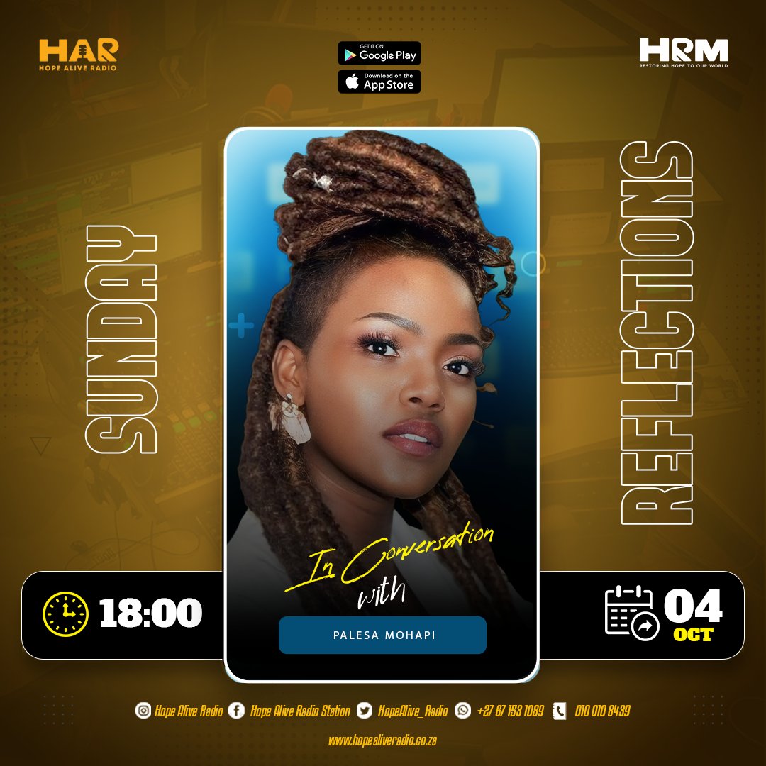 HopeAlive_Radio's tweet photo. πΏβ¨Itβs SUNDAY REFLECTIONS with Ms Aya!ποΈ
We in conversation with our special international guest, Palesa Mohapi π as she shares her story, journey, thoughts & perspectives.πβ€οΈ
Tune in!π»π² https://t.co/yVxWYpqV2r
#PalesaMohapi #MeaningfulConversations #TuneIn https://t.co/lWmxeH0e2R