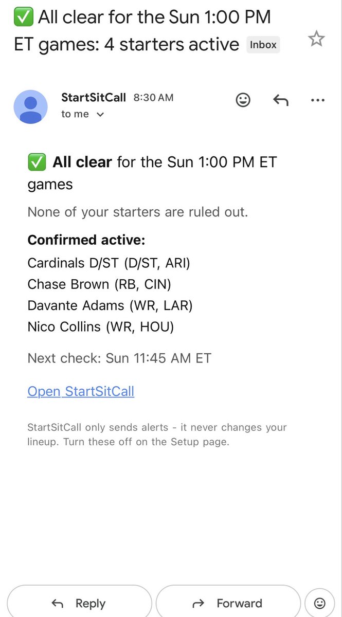 StartSitCall's tweet photo. Looks like my starters are all active today! 

Would it be helpful for you to get email alerts before games on Sunday to let you know if you have any inactive starters in your lineup? https://t.co/1hdWpvnanK