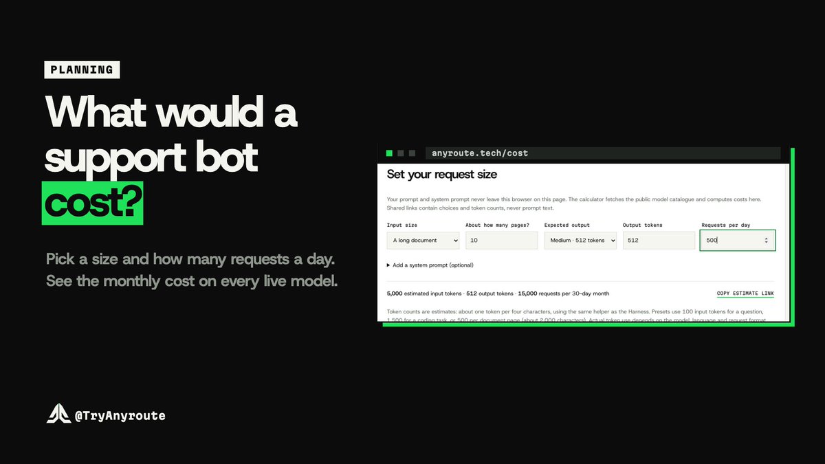 TryAnyroute's tweet photo. Planning a support bot that answers 500 questions a day?

Anyroute’s cost page shows the estimated price per question and per month for every live model, before you sign in.

Choose the request size, set how often the bot will run, and compare models by price.

https://t.co/SRRwx634ML