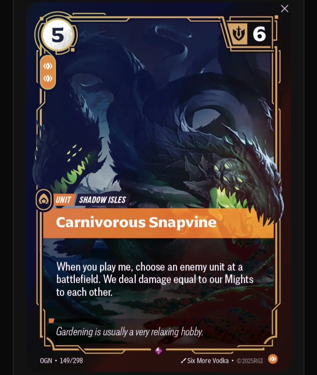 FangJammin's tweet photo. @Doowan_ Example: 
Heron on the BF with H2H hidden. 
On my focus I flip H2H.
Then I react to H2H with En Guard, targeting Heron.
En Guard resolves, triggering Heron’s discount.
H2H resolves, allowing me to play Carnivorous Snapvine with discounts from H2H and Heron (free). https://t.co/EPGNd9bIxM