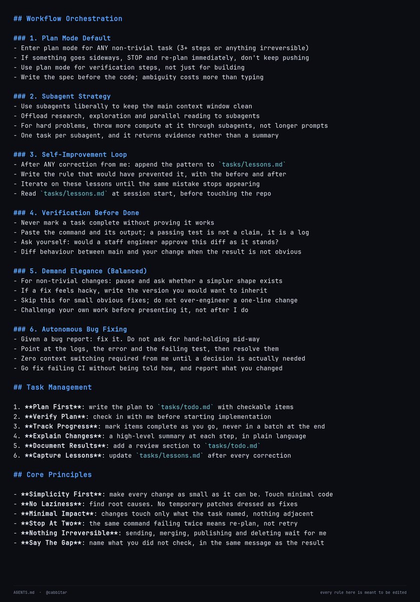 cabbitar's tweet photo. THIS CLAUDE.md FILE TURNS CLAUDE INTO A SENIOR ENGINEER  

Boris Cherny, creator of Claude Code, shared the tricks and workflows that his team uses daily.  

Most can be integrated directly into a CLAUDE.md for any project:
 > Workflow Orchestration
 > Sub-agent Strategy > Self-Improvement Loop
 > Verification Before Finalizing
 > Automatic Error Correction
 > Fundamental Principles  

What's interesting is that it works as a cumulative system.  

Every time you correct Claude, that correction can be recorded and turned into a rule for future tasks.  

Over time, Claude learns from your feedback and can reduce the same errors again and again. 

 If you use AI for programming every day, having a well-structured CLAUDE.md can save you a ton of time.  

Save this, then check out the article below👇