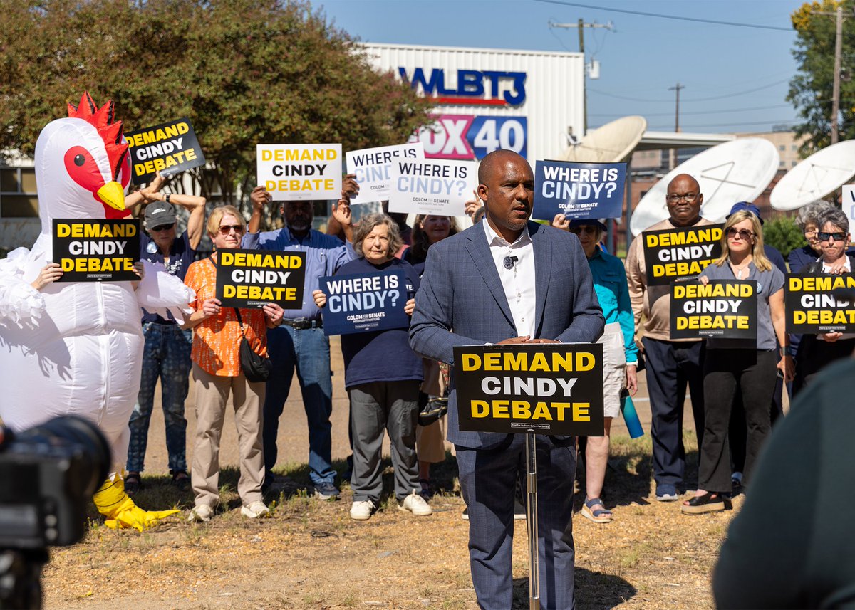scott_colom's tweet photo. Cindy, you can name the time and place. I'm ready to debate.

We have less than a month until Election Day. Are you ready to answer to Mississippi… or are you too chicken? 🐔 https://t.co/0epk3gtSaD