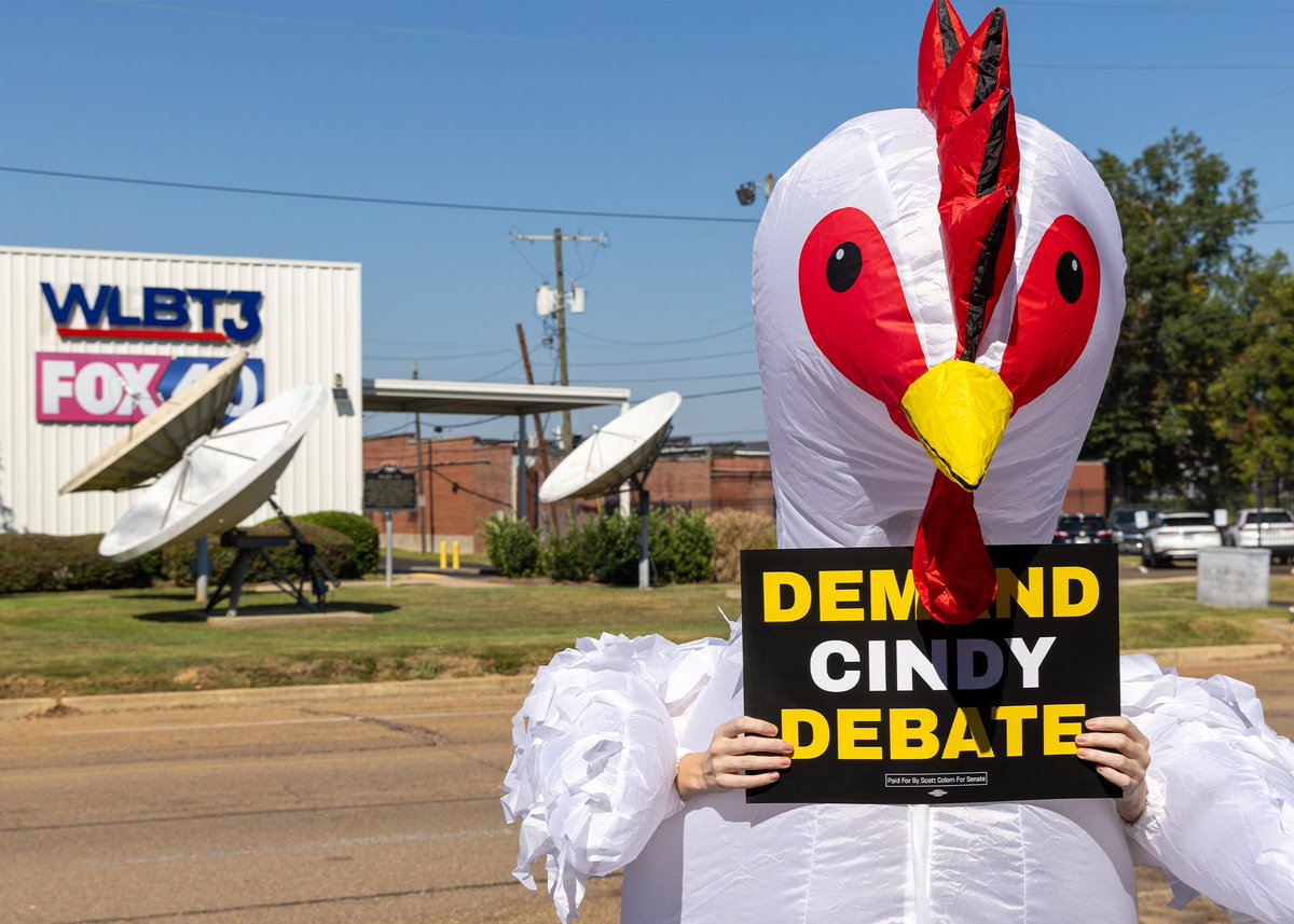 scott_colom's tweet photo. Cindy, you can name the time and place. I'm ready to debate.

We have less than a month until Election Day. Are you ready to answer to Mississippi… or are you too chicken? 🐔 https://t.co/0epk3gtSaD