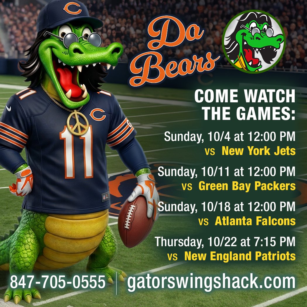 GATORSWINGSHACK's tweet photo. Bear Down! 🐻🏈 Catch all the Chicago Bears action live at #GatorsWingShack!
Don't miss a single snap—come cheer on the Bears with us or bring the flavor home today! 🍻
#BearDown #ChicagoSports #WatchParty #SportsBarVibes #WingsAndFootball #palatineil #northwestsuburbschicago https://t.co/XUqCk6bvIJ