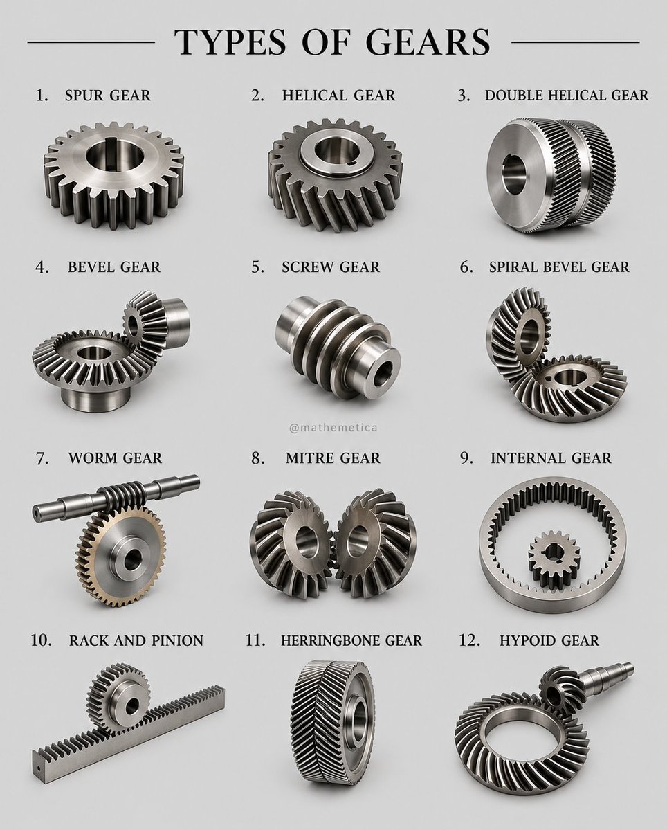 mathemetica's tweet photo. Every gear is a quiet equation that turns rotation into controlled force.

Tooth count sets the ratio: if gear A has Ta teeth and gear B has Tb, their speeds obey ωa / ωb = Tb / Ta. Parallel axes use spur or helical teeth; intersecting axes use bevel forms; offset axes use hypoid or worm. The involute tooth profile keeps the velocity ratio constant even as contact slides.

Herringbone and double-helical teeth cancel axial thrust that a single helix would produce. A rack is simply a gear whose radius has gone to infinity, converting spin into straight travel.

Geometry, not decoration, decides how machines move.