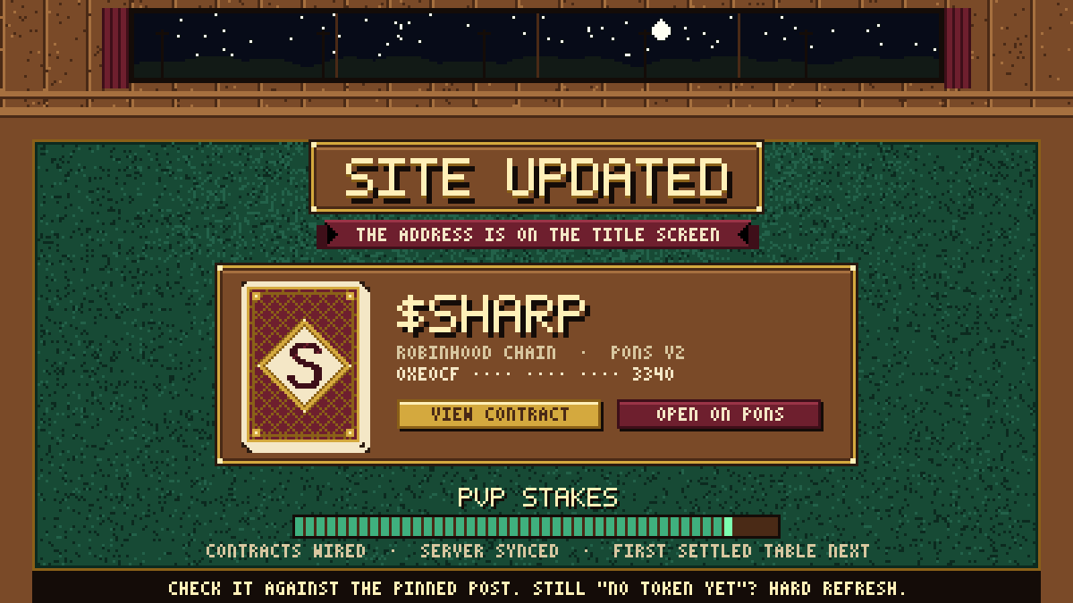 frieddev_earl's tweet photo. Site updated. The contract address is now on the title screen, with a VIEW CONTRACT button straight to Blockscout and OPEN ON PONS next to it. Check it against the pinned post; if you still see "no token yet", hard refresh — that's your cache, not a second token.

PvP is nearly there. Every contract is wired, the server knows the addresses, and the last step is the one I won't skip: a real staked table between two of my own wallets, settled on chain, before I let anyone else sit down. The transaction goes in this thread the moment it lands.

Solo play is open now. Ride The Line, earn Fare — it all counts.