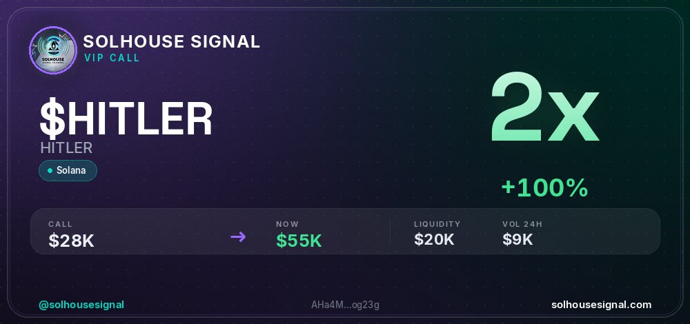 solhousesignals's tweet photo. $HITLER (HITLER) 2x ✅
📊 MC: $55.4K | Liq: $19.7K
💵 Vol 24h: $8.8K
🔄 Buys/Sells: 96 / 70
📋 CA:
AHa4MPRYvw44p6Gk62oW9iN11UQw8DGGtYfDXh2og23g
🤖 Full scan + chart → link in bio
#HITLER #solhousesignal #gem #degen #trading https://t.co/B7z7bfhroY