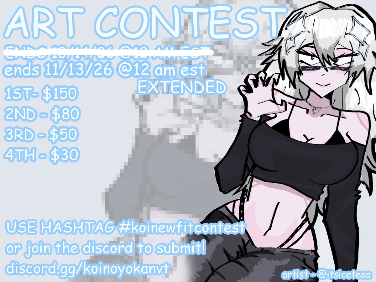 koinoyokanVT's tweet photo. #ARTCONTEST EXTENDED!! 
I have moved the due date to NOV 14TH instead of OCT 14TH!! If youre just seeing this now, all details are in the original post!  

TO SUBMIT -
 twitter #koinewfitcontest   
discord https://t.co/W7GWwb2vr9
have any questions? please reply to this post :D https://t.co/12n2sI7KKp