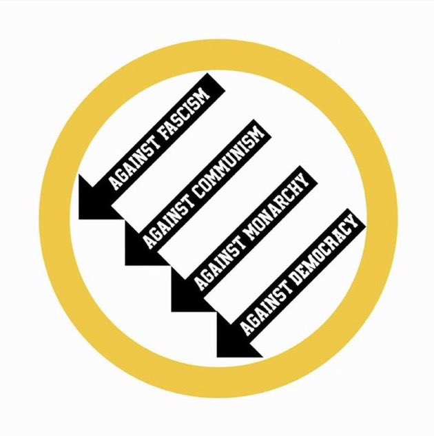 GoTaxEvaders2's tweet photo. The 4 arrows of ancap:
↙️ Against fascism
↙️ Against communism
↙️ Against monarchy
↙️ Against democracy
They all grant a gang of thieves a territorialized monopoly on violence, making them deeply unjust. Anything but a radical stance against them makes you an enemy of liberty. https://t.co/d9UqsJGBoi