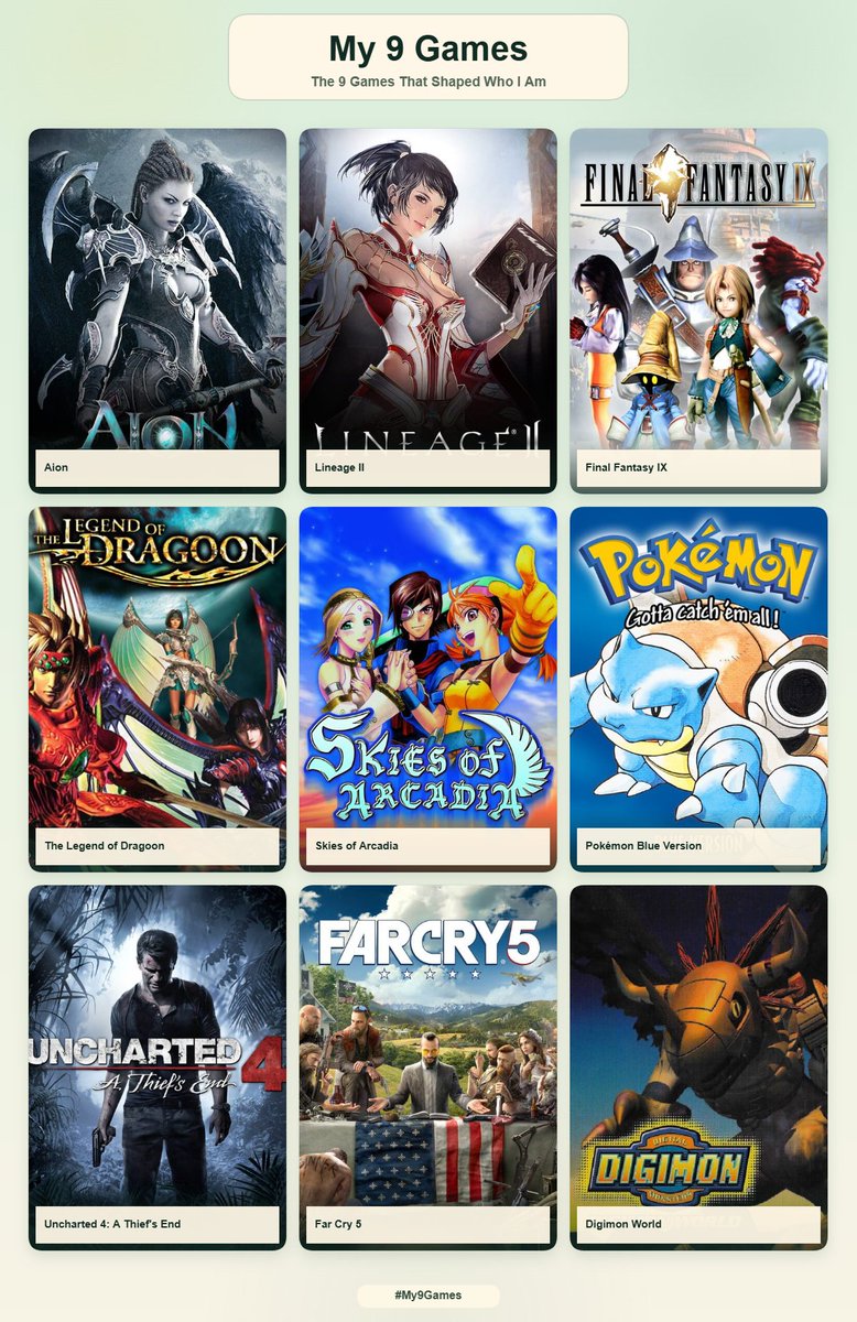 miyotenpai's tweet photo. ¡Mis 9 juegos! 🎮❤️
Hay juegos que simplemente juegas… y otros que terminan formando parte de quién eres. Estos 9 han dejado huella en mí de una forma u otra.
Ahora os toca a vosotros 😏
@laordendelpanda @sedrikyt, ¿os animáis a enseñar los vuestros? 👀🎮
#Gaming #topgames https://t.co/dhFeyvPp9B