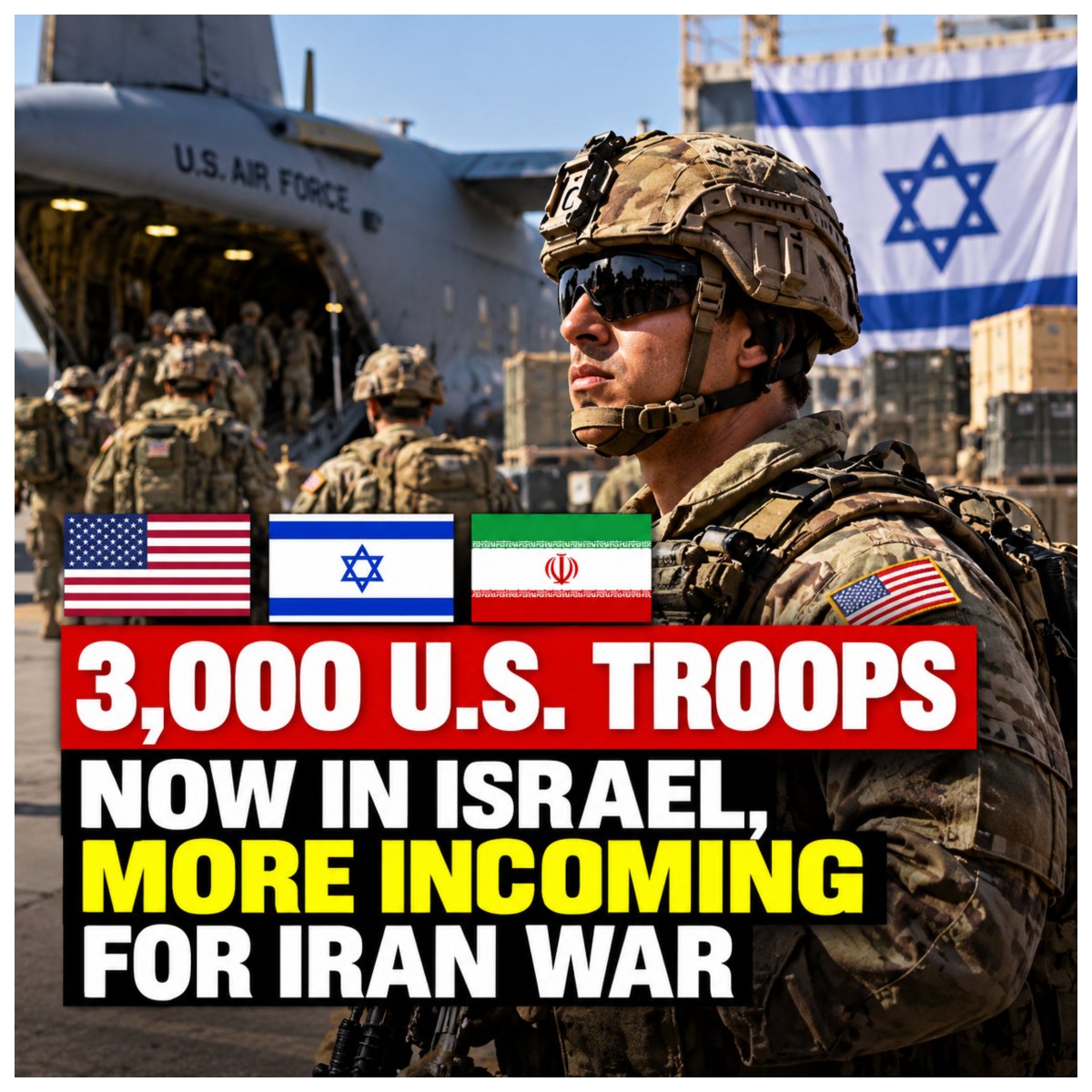 RyanRozbiani's tweet photo. 3,000 U.S. Troops Now in Israel, MORE Incoming for Iran War

AMERICANS WAKE UP

Israeli news outlet Walla reports additional forces and aircraft are expected to arrive in the coming weeks as preparations intensify for another possible FLARE-UP with Iran.

Once again, Americans could be sent to fight and die in a war for Israel.

Image two is for reference