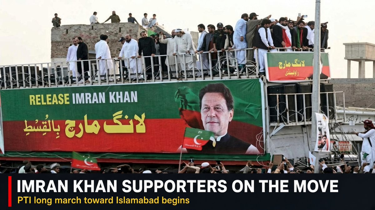 KhaleejMag's tweet photo. Imran Khan’s supporters are on the move. PTI has begun its long march toward Islamabad from Lakki Marwat after overnight talks with the government collapsed. https://t.co/Q4ohvKABl2