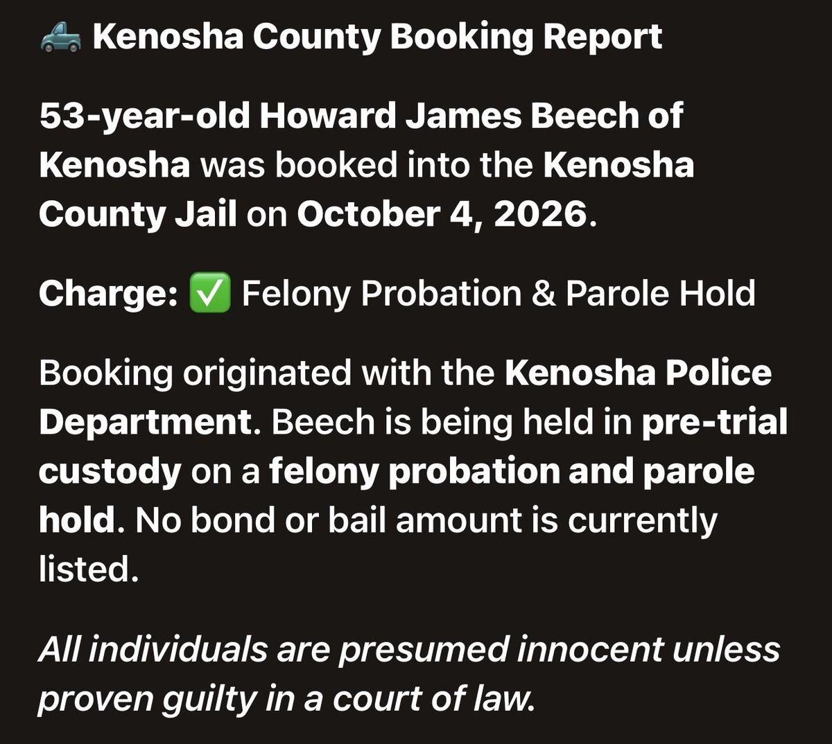 KenoshaRising's tweet photo. BEECH, HOWARD JAMES
⭐️✨⭐️✨⭐️✨⭐️✨⭐️✨

📍 #KenoshaCounty #KenoshaWI 🚔 #JailBooking 📰 #LocalNews ⚖️ #CommunityUpdate
👮‍♀️#KenoshaPD

https://t.co/u7xNOjSpHr https://t.co/7IxuEmdKU4