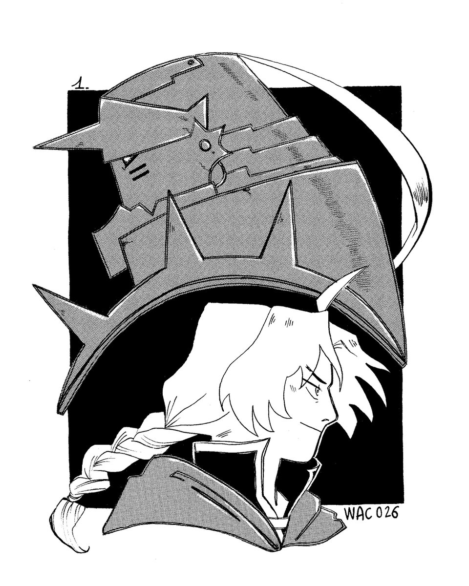 WhatAChaos's tweet photo. FMA themed Drawtober part one 👀
Using real screentones for this one cause I love to suffer 😎
#fma #edwardelric #alphonseelric #winryrockbell #drawtober2026 https://t.co/pnVDQwhz78