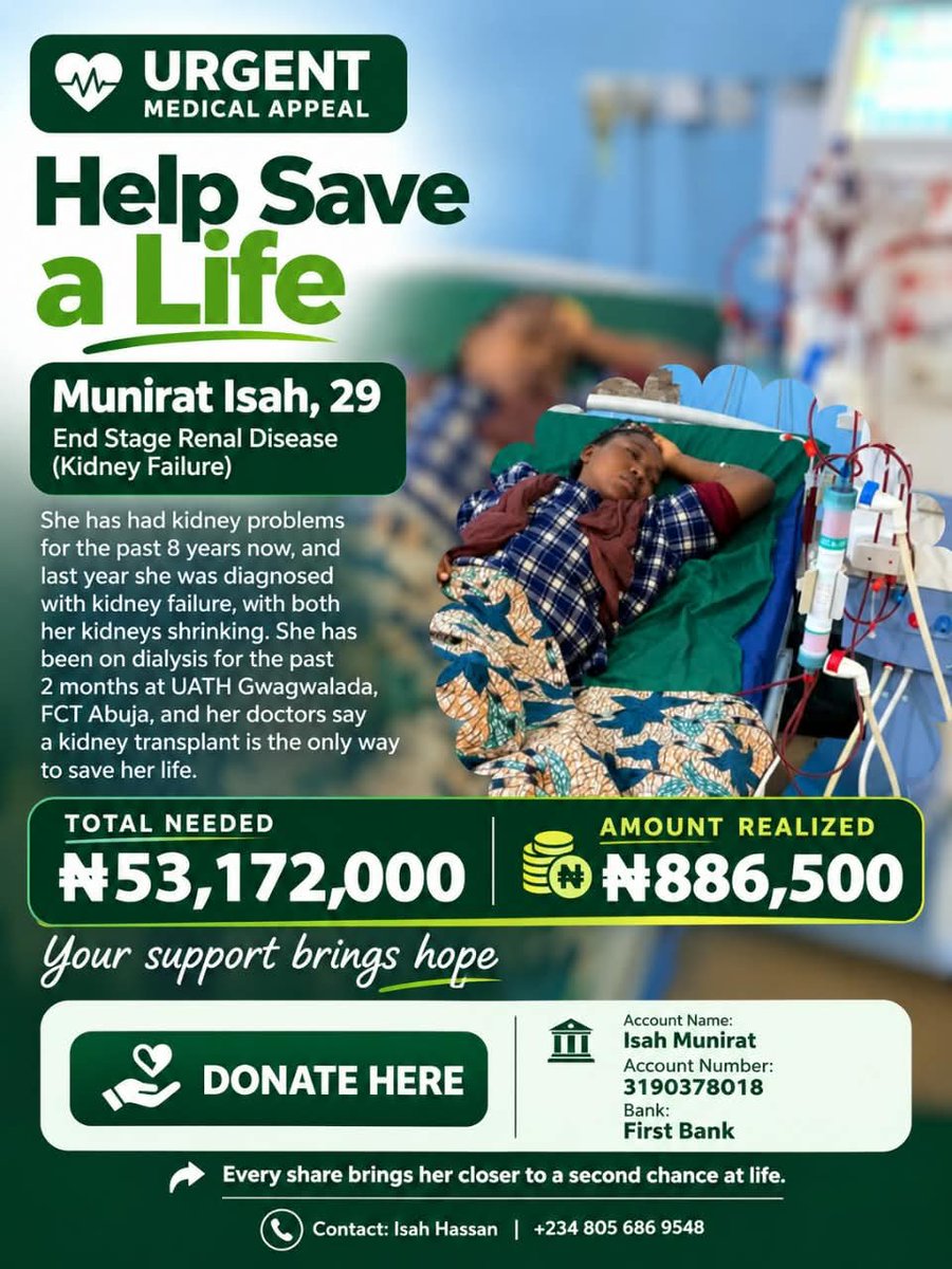 OX_BAHBII's tweet photo. 🚨 A LIFE IS HANGING IN THE BALANCE.
My sister urgently needs support for a kidney transplant.
This is more than a medical bill,It’s someone’s life,future,family,and second chance.
#KidneyTransplant #SaveALife #HelpNeeded https://t.co/8i9oF2h1f0