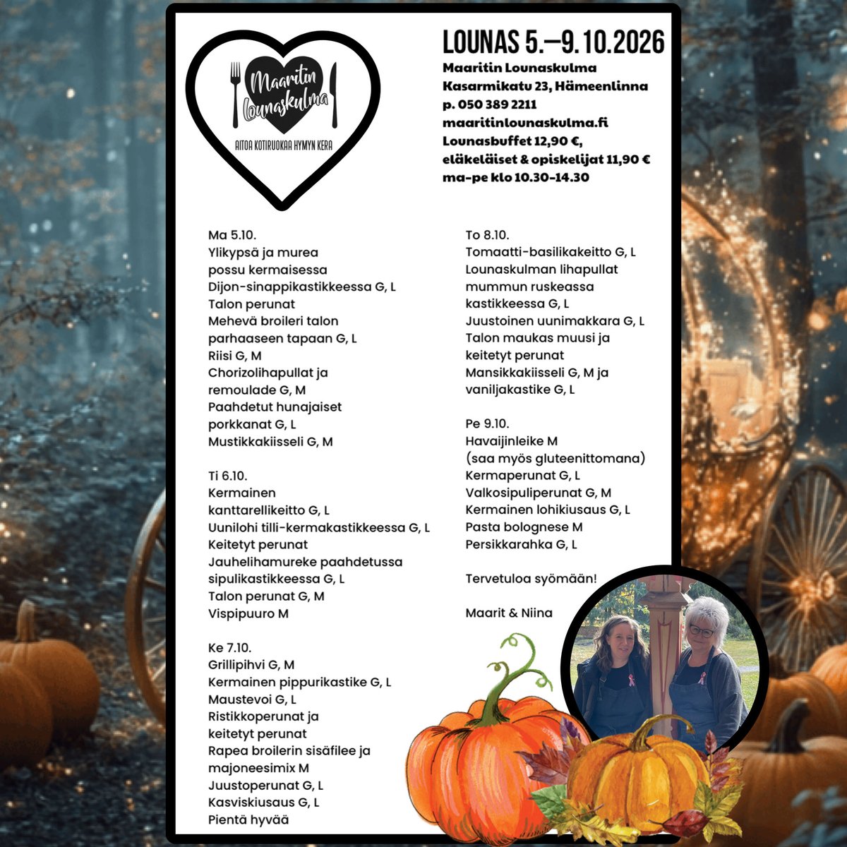 M_Lounaskulma's tweet photo. Tervetuloa lounaalle Maaritin Lounaskulmaan 5.–9.10.2026, Kasarmikatu 23, Hämeenlinna. 😊❤️🍁 https://t.co/1JrEz744Xt ☀️ #Hämeenlinna #lounas #ravintola #lounasravintola #Hämpton #visithämeenlinna #menot https://t.co/pvUniFX6Ty