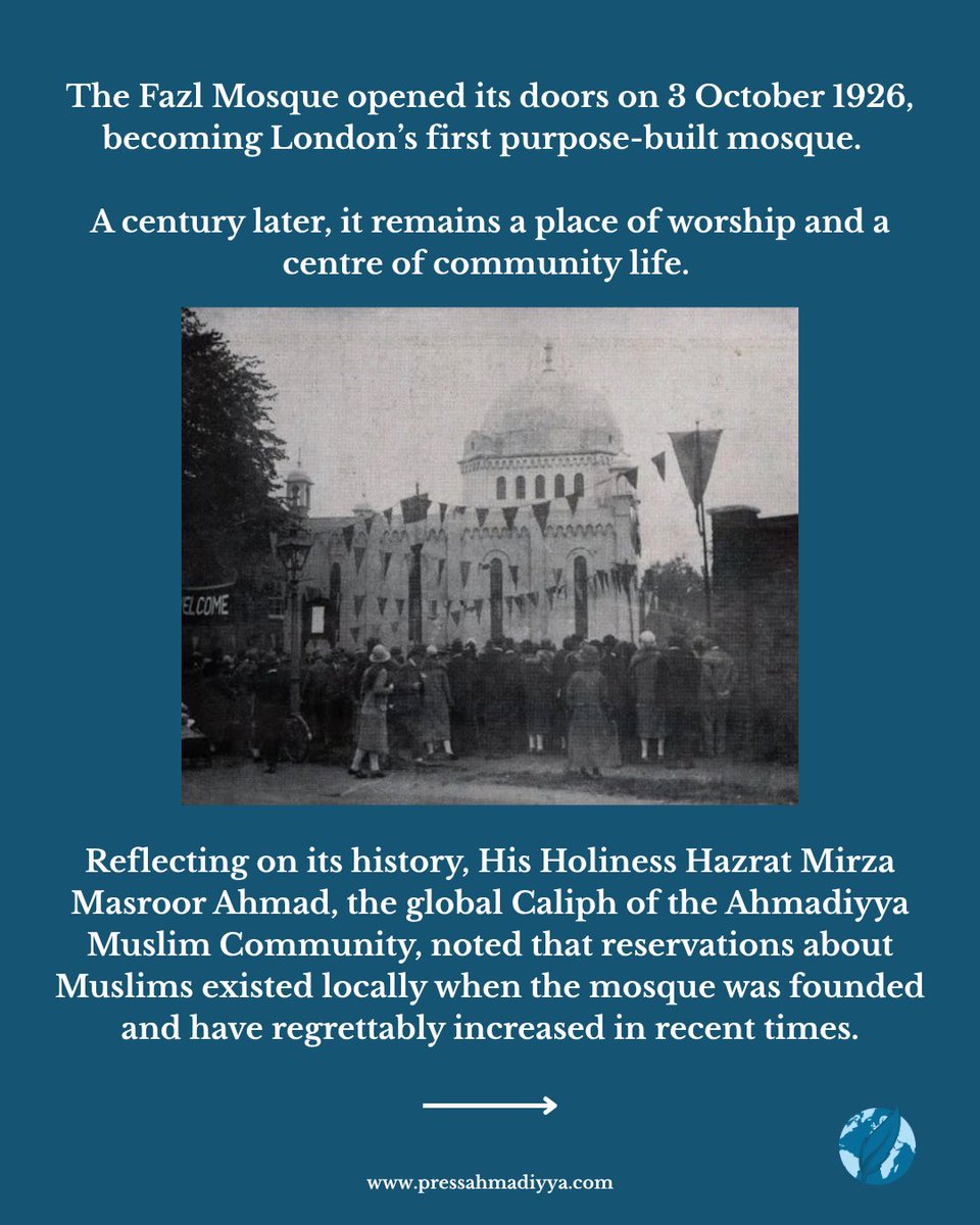 pressahmadiyya's tweet photo. World Head of Ahmadiyya Muslim Community Delivers Address to Mark Centenary of London's First Mosque. 

“The 100-year history of the Fazl Mosque bears witness to the fact that it has always served as a beacon of peace, love and compassion. This example is not exclusive only to this Mosque. Rather, this is the way of all our Mosques. This spirit of openness is inherent to who we are.”