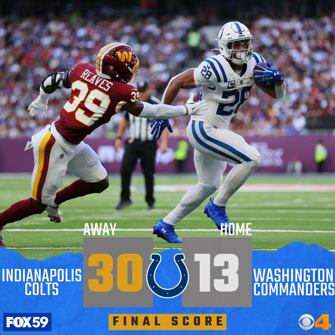 CBS4Indy's tweet photo. The Indianapolis Colts took down the Washington Commanders, 30-13, at Tottenham Hotspur Stadium in London on Sunday. With the win, the Colts improved to 2-2 on the season. https://t.co/LzDkG2axv4