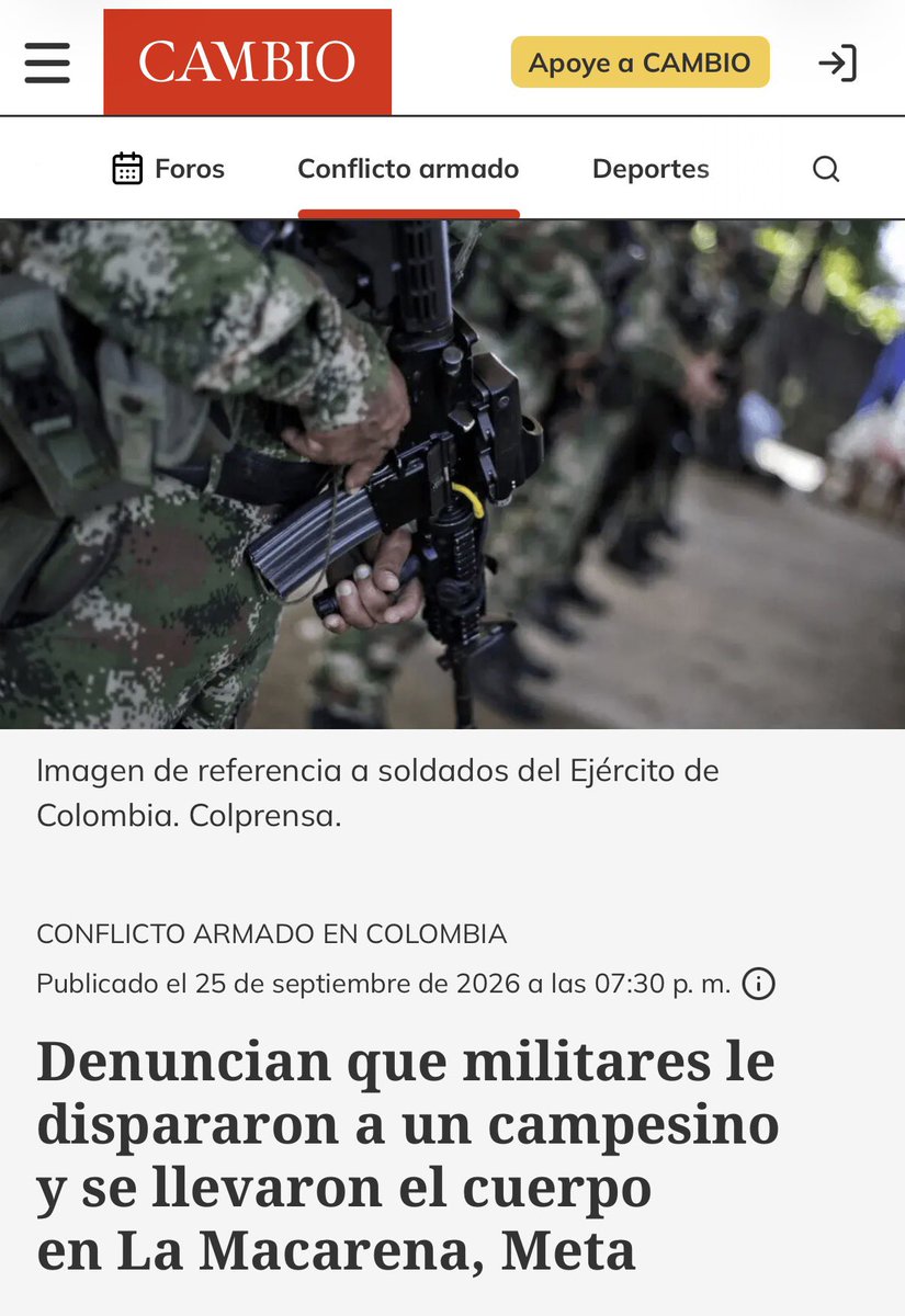 heidy_up's tweet photo. El 22 de septiembre, el Ejército de Colombia presuntamente asesinó a Luis Carlos Mojica Guzmán, además de amarrar y, según denuncias, torturar a su esposa.

Abelardo de la Espriella, al igual que ocurrió durante el gobierno de Álvaro Uribe, parece apostar por mostrar resultados a cualquier costo, incluso acabando con personas que en el marco de un conflicto armado, están bajo sospecha simplemente por vivir en esas zonas.

Qué fácil es hablar de guerra, caminar entre muertos y pedir que bombardeen todo cuando se vive lejos del conflicto; cuando no es su vivienda la que está en medio del fuego; cuando no es usted quien tiene que responderles a todos los actores armados, legales e ilegales, para proteger su vida y la de su familia.

Este gobierno prometió seguridad, pero lo que tenemos parece ser la misma pantomima de siempre: hacernos creer que existen grandes resultados, mientras se olvidan las comunidades que viven en medio del conflicto.

Además, devolverle la dignidad y la confianza a las tropas del Ejército consiste no solo en mejorar sus condiciones laborales. También significa permitirles cumplir su verdadera misión: proteger al pueblo colombiano, no amedrentarlo.

https://t.co/wEtP4J2gn2