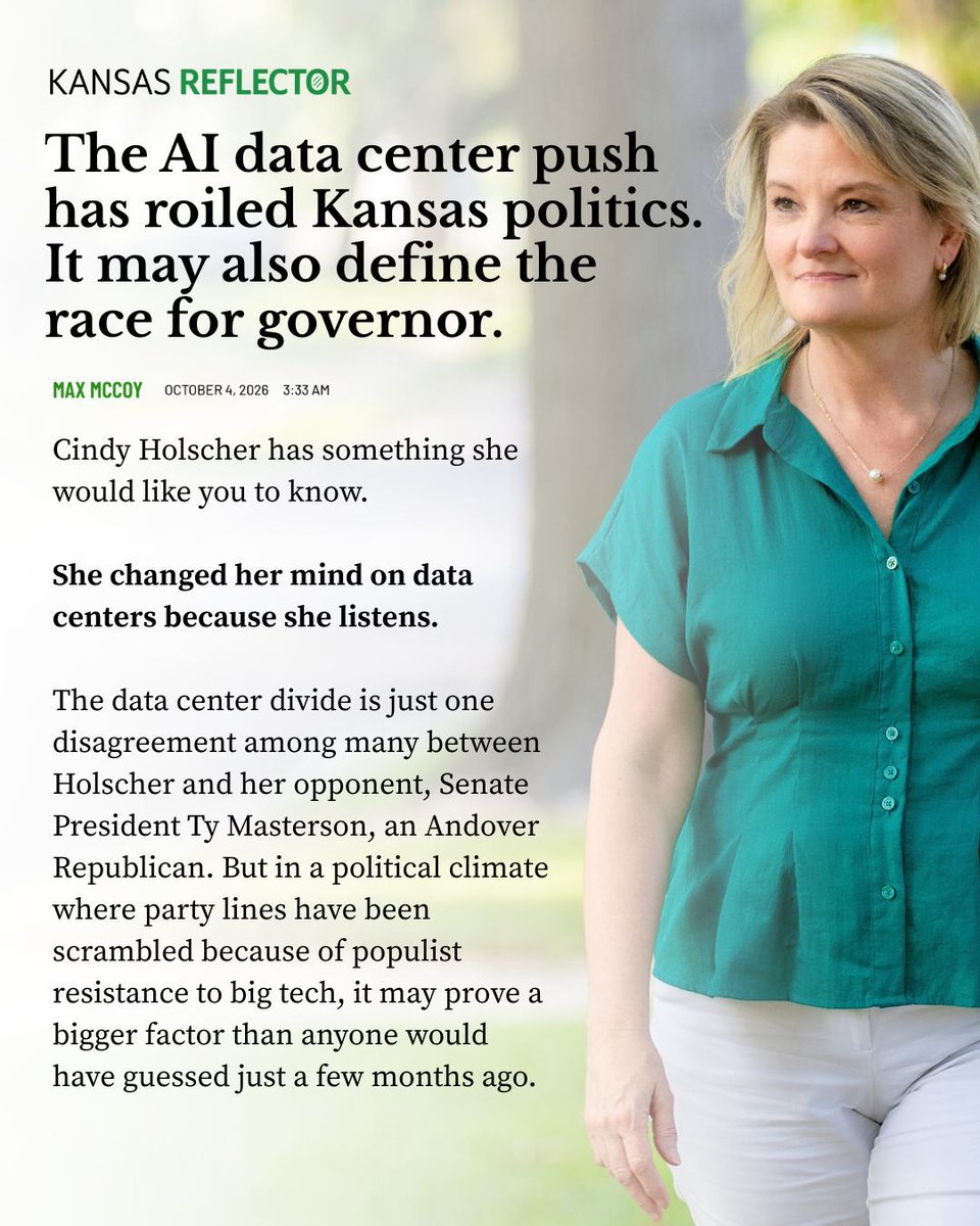 cindy4kansas's tweet photo. Kansans are worried about data centers, and so am I. That's why I've called for a statewide pause until real protections are in place. I'll always listen to Kansans and make decisions based on what's best for working families, not billionaires and special interests. https://t.co/T0g8p0zPeM