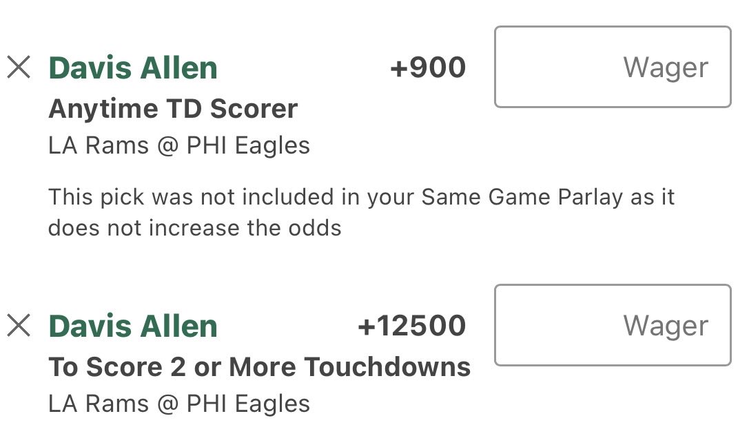 guyincornfields's tweet photo. No time for a full write up, but adding a few Davis Allen props today.

Massive 6’6” target who should benefit from increased playing time with Colby Parkinson and Terrance Ferguson both out.

Played:
20+ Rec Yards +165 1U
Anytime TD  9/1  .5U
2+ TDs 125/1  .1U

Let’s see if the big man gets some extra work today.