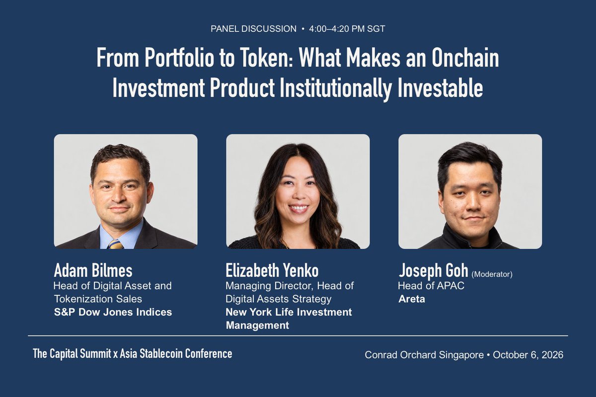 CapSummitGlobal's tweet photo. Two products offer the same portfolio exposure. One is tokenized. What is the first test of whether the tokenized version is institutionally investable?

🗓 𝗧𝘂𝗲 𝟲 𝗢𝗰𝘁 · 𝟭𝟲:𝟬𝟬 𝗦𝗚𝗧
📍 Conrad Singapore Orchard

Panel: From Portfolio to Token: What Makes an Onchain Investment Product Institutionally Investable?

Moderator
Joseph Goh (@josephgjh), Head of APAC, @areta_io

Panelists
Adam Bilmes, Head of Digital Asset and Tokenization Sales, @SPDJIndices
Elizabeth Yenko (@hey_elizabethy), Managing Director, Head of Digital Assets Strategy, New York Life Investment Management (@NYLIManagement)

What carries over from the familiar portfolio, what needs fresh diligence, what onchain benchmark verification can and cannot establish, and the evidence that moves a product from pilot to repeat allocation.

Organised with @AsiaStablecoin and co-hosted by @FourPillarsFP and @LayerZero_Core during TOKEN2049 Week, the day before @token2049 opens.

Register for the main conference (12:00–18:00): https://t.co/PL0Rqw5ePi
https://t.co/MgFsedwyjf

#Tokenization #TOKEN2049