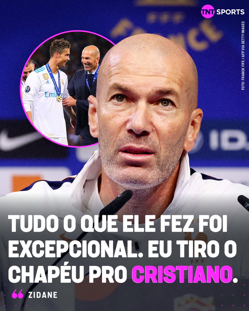 TNTSportsBR's tweet photo. ZIDANE SAIU EM DEFESA DE CR7! 🤖🗣️ Questionado sobre a situação de Cristiano Ronaldo na seleção de Portugal, o atual técnico da França disse que é preciso "reconhecer a grande carreira de Cristiano". Zidane conquistou o tricampeonato consecutivo da Champions League comandando Cristiano Ronaldo no Real Madrid (2015/16, 2016/17 e 2017/18) e conhece muito bem o jogador que o Robozão é. 

#MFM