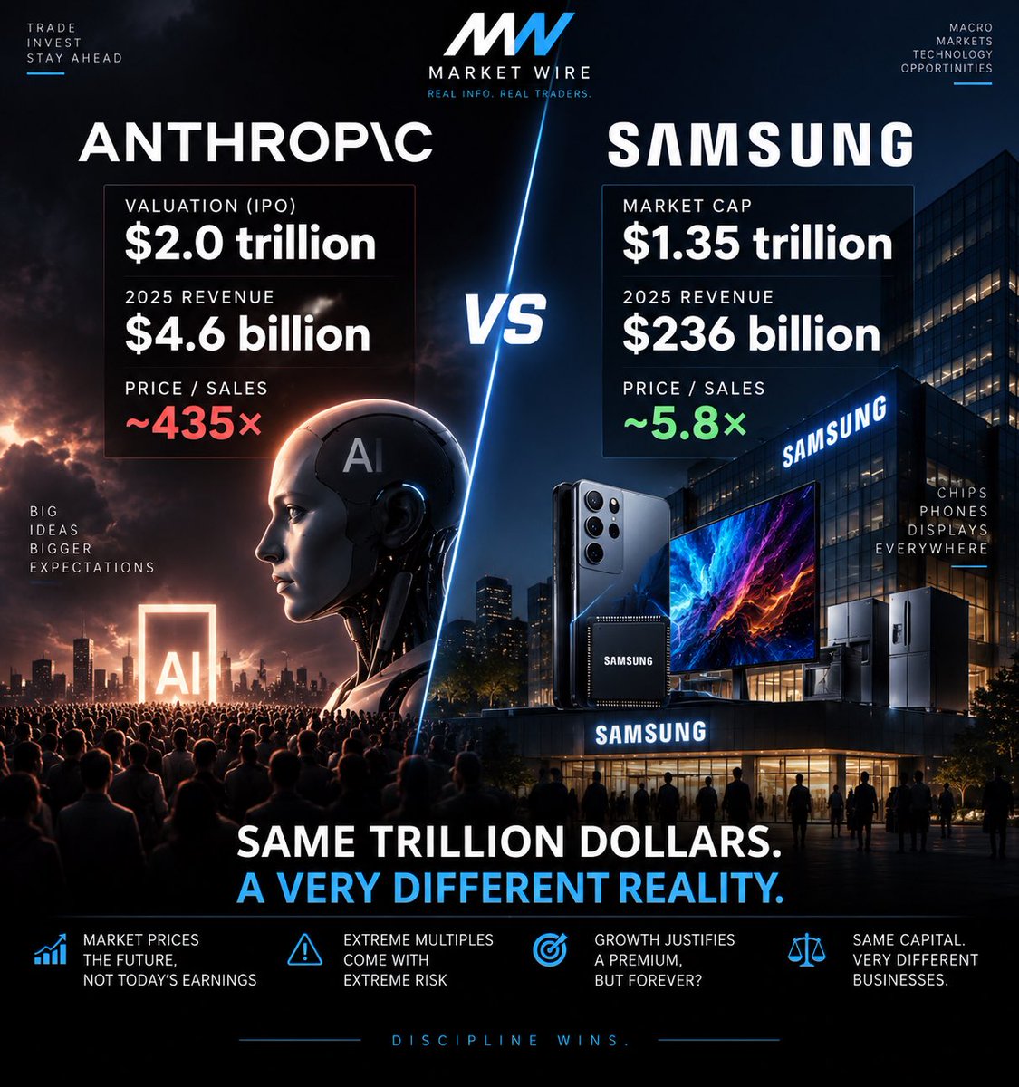 mwmarketwire's tweet photo. ANTHROPIC IS TARGETING A $2 TRILLION VALUATION.

SAMSUNG IS WORTH ~$1.35 TRILLION.

Now look at the revenues.

🟦 Anthropic 2025 revenue: ~$4.6B
🟦 Samsung 2025 revenue: ~$235B

Anthropic is targeting an IPO valuation of more than $2 TRILLION, while Samsung Electronics currently has a market cap of roughly $1.35 TRILLION.

Put that against 2025 revenue:

Anthropic: ~435× revenue
Samsung: ~5.7× revenue

Samsung generated roughly 50× more revenue in 2025 — yet Anthropic is targeting a valuation substantially higher than Samsung’s entire market cap.

This is what traders need to understand about the AI cycle.

The market is not pricing what these companies earn today.

It is pricing what investors believe they can dominate tomorrow.

And that works extremely well…

Until expectations change.

If AI revenue growth disappoints while compute, memory, infrastructure and energy costs keep rising, these extreme multiples can compress very quickly.

🟦 TRADER WATCHLIST

$NVDA • $MU • $SNDK • $AVGO • $AMD • $ORCL

AI can be revolutionary and still be extremely expensive.

Both can be true at the same time.

#MWMarketWire