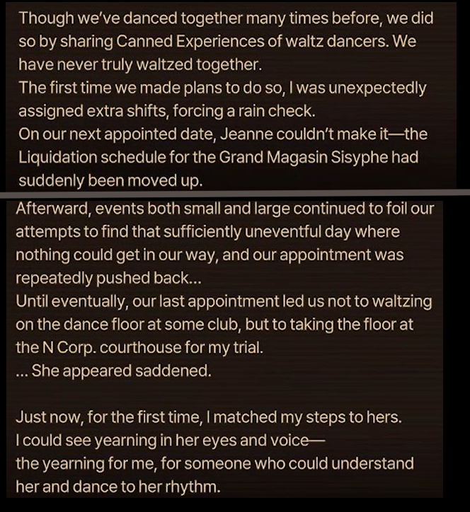 chainofours's tweet photo. //canto 10 pt 3 spoilers

Hey anyone recall back in canto 2, the sinners were asked to volunteer a dance performance and meursault did not answer?

With brand new context from the final boss' observation log, looking back at this scene really stings eh 😭😭unpleasant memories... https://t.co/Xoe8rVgdUe
